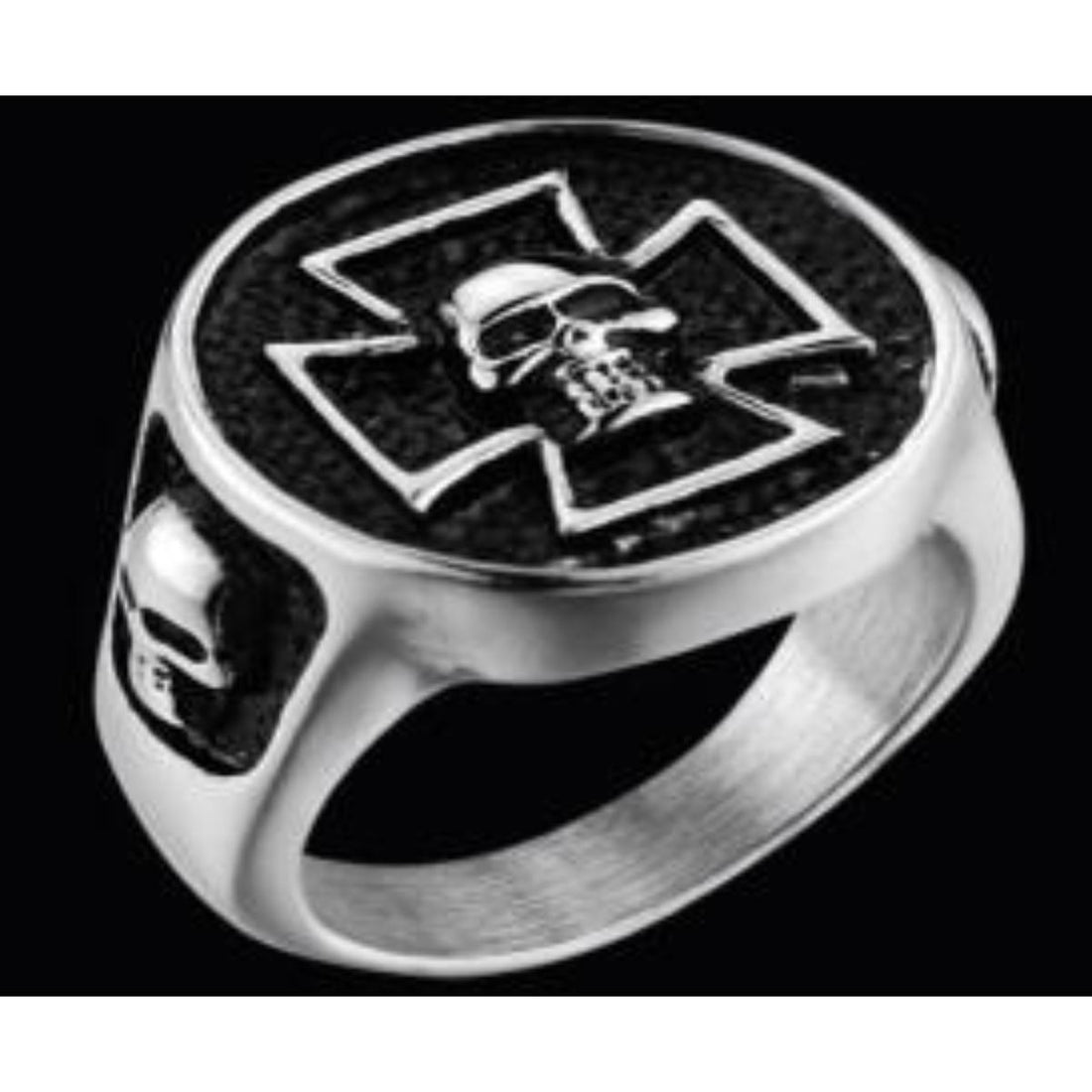 R121 Stainless Steel Iron Cross Skull Biker Ring