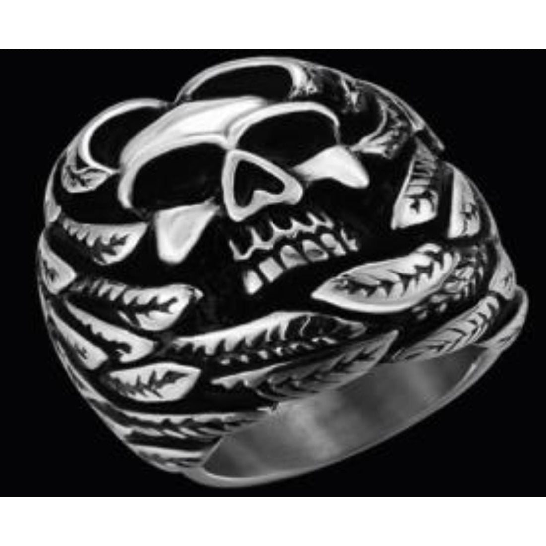 R141 Stainless Steel Feather Face Skull Biker Ring