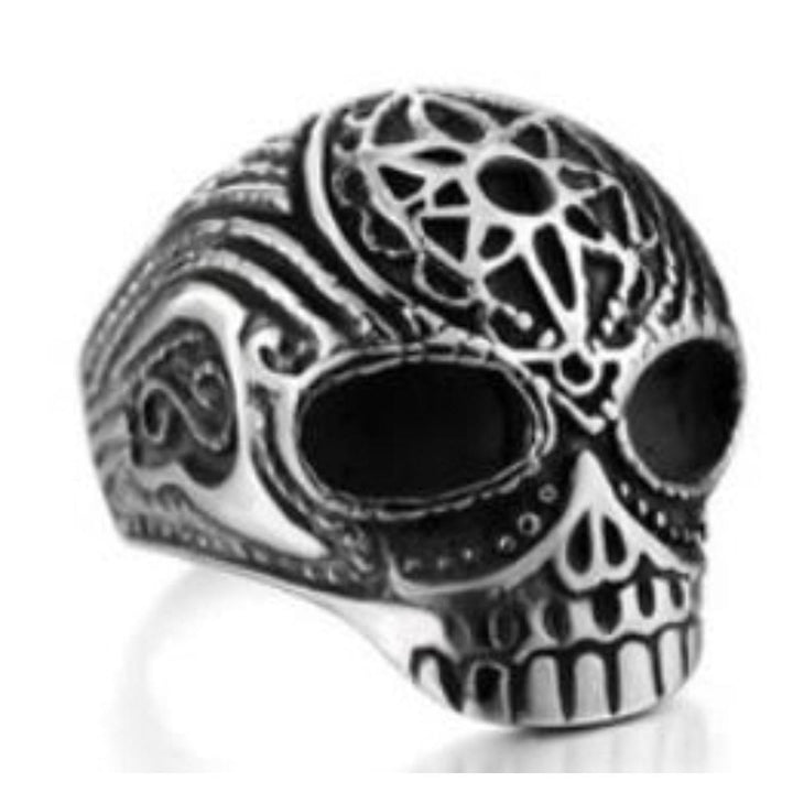 R186 Stainless Steel Flower Cane Skull Biker Ring