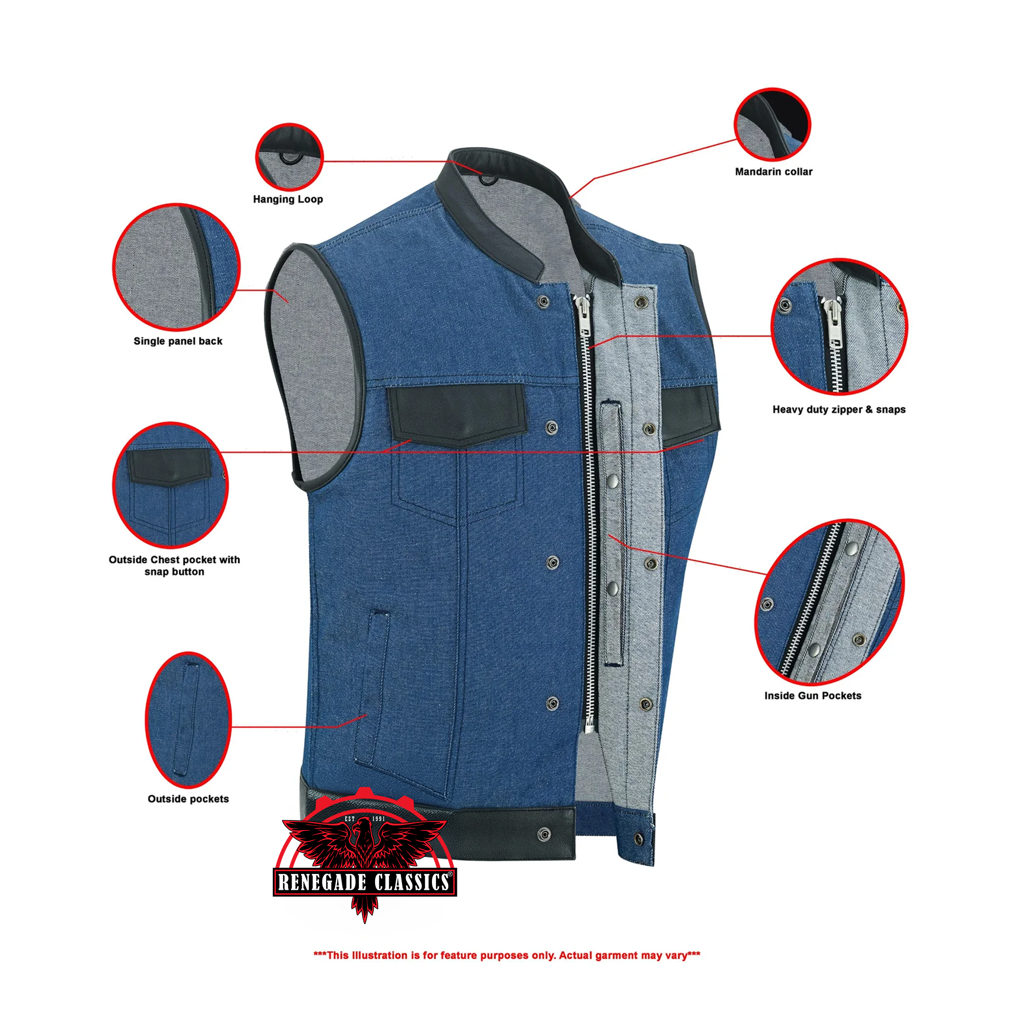 RM961 Men's Broken Blue RoughRub-Off Raw Finish Denim Vest W/Leather