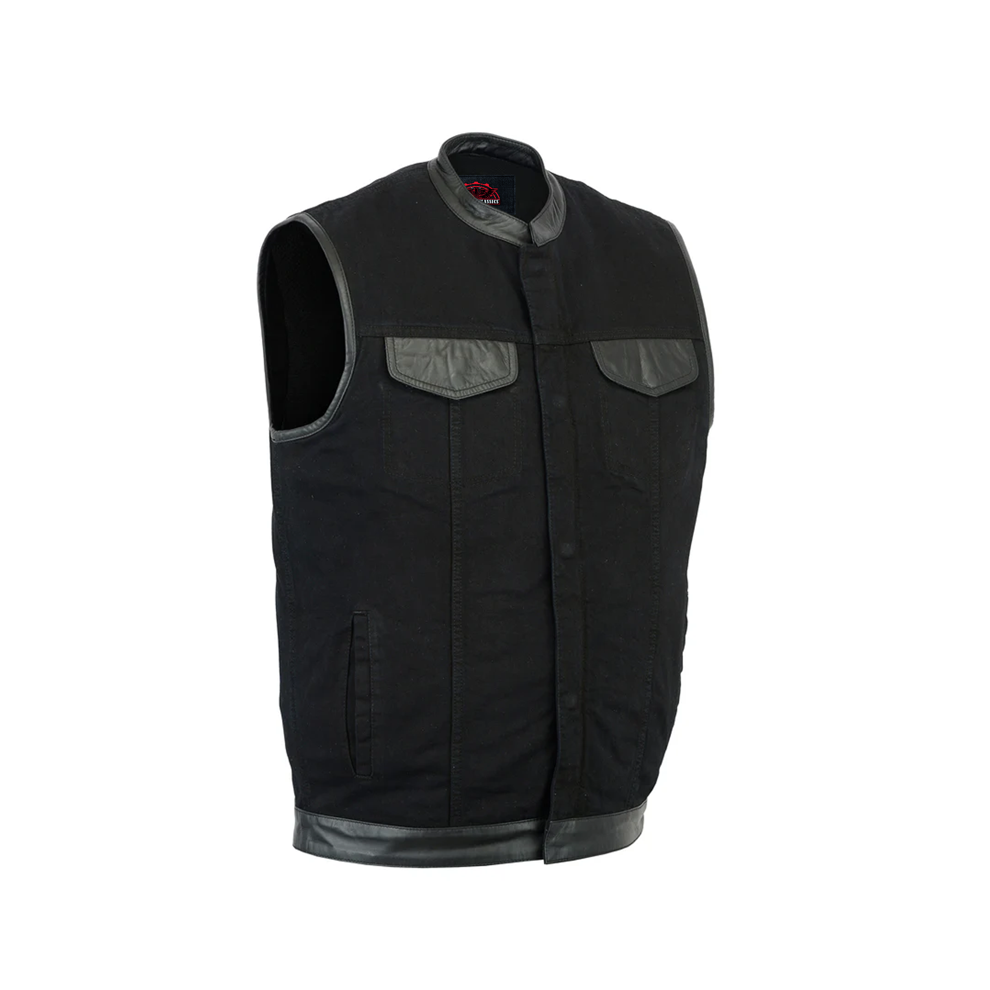 RM992 Men's Black Denim Single Panel Concealment Vest W/ Leather Trim