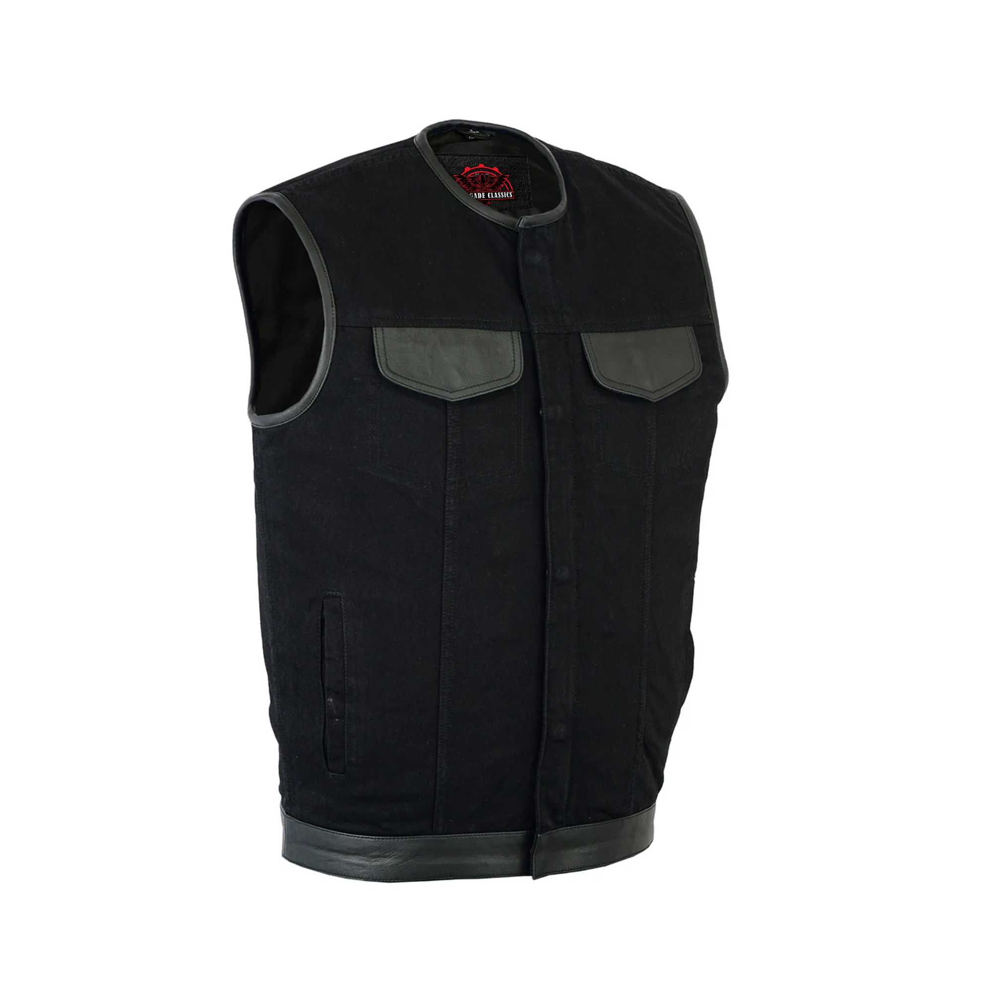 RM991 Men's Black Denim Single Panel Concealment Vest W/Leather Trim-