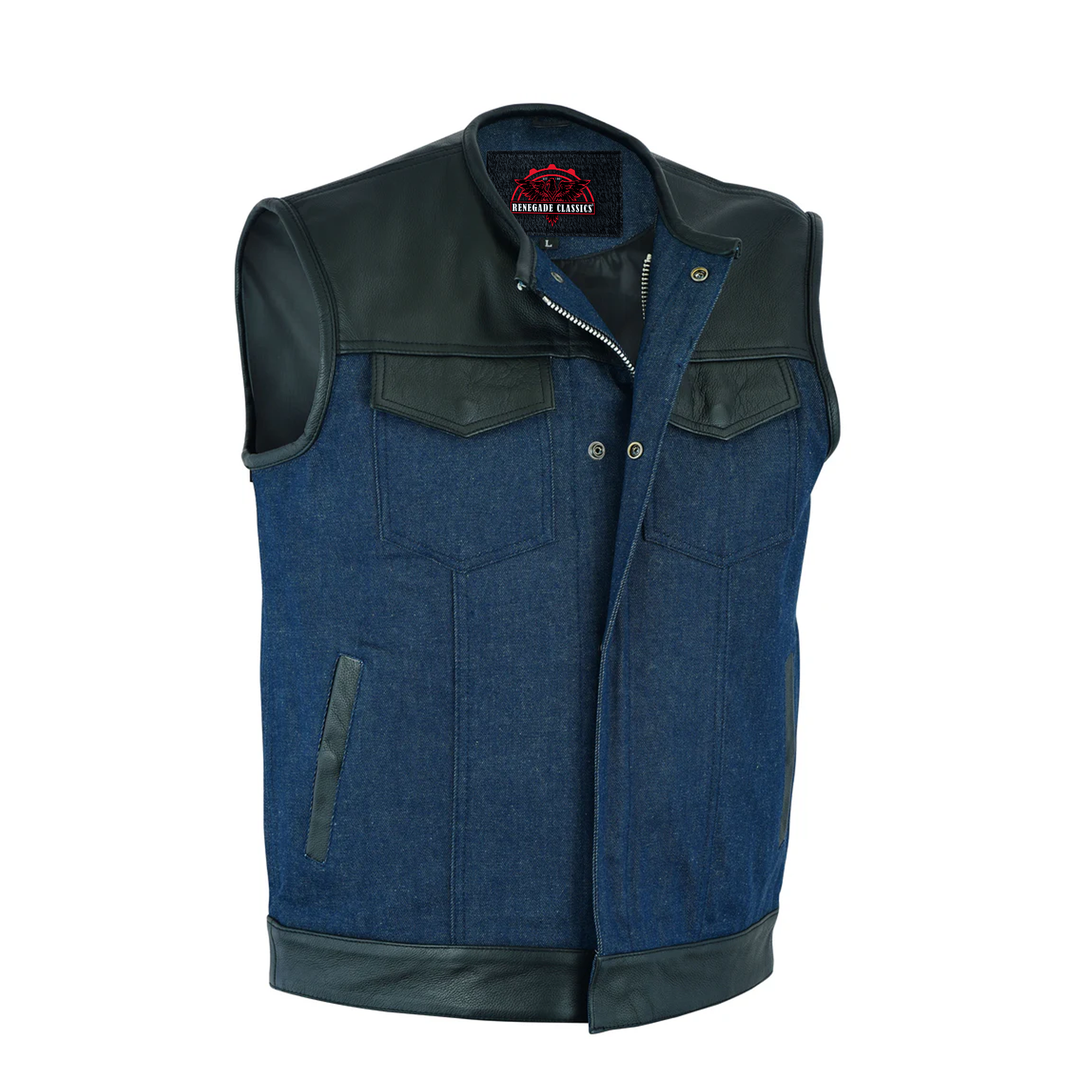 RM933 Men's Leather/Denim Combo Vest (Black/Broken Blue)