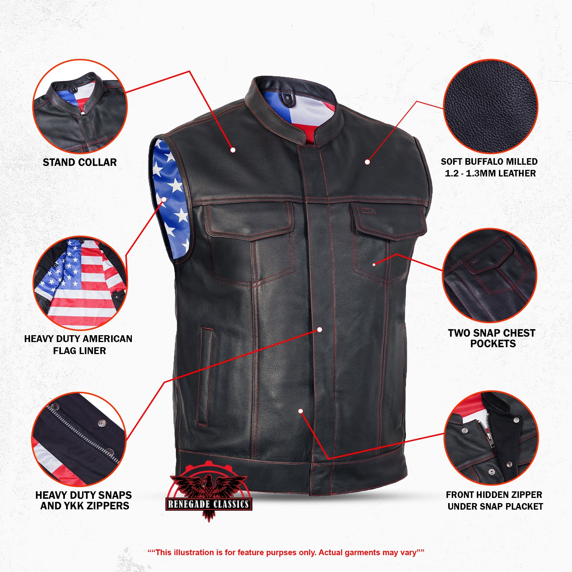 RC165 MEN'S LEATHER VEST WITH RED STITCHING AND USA INSIDE FLAG LININ