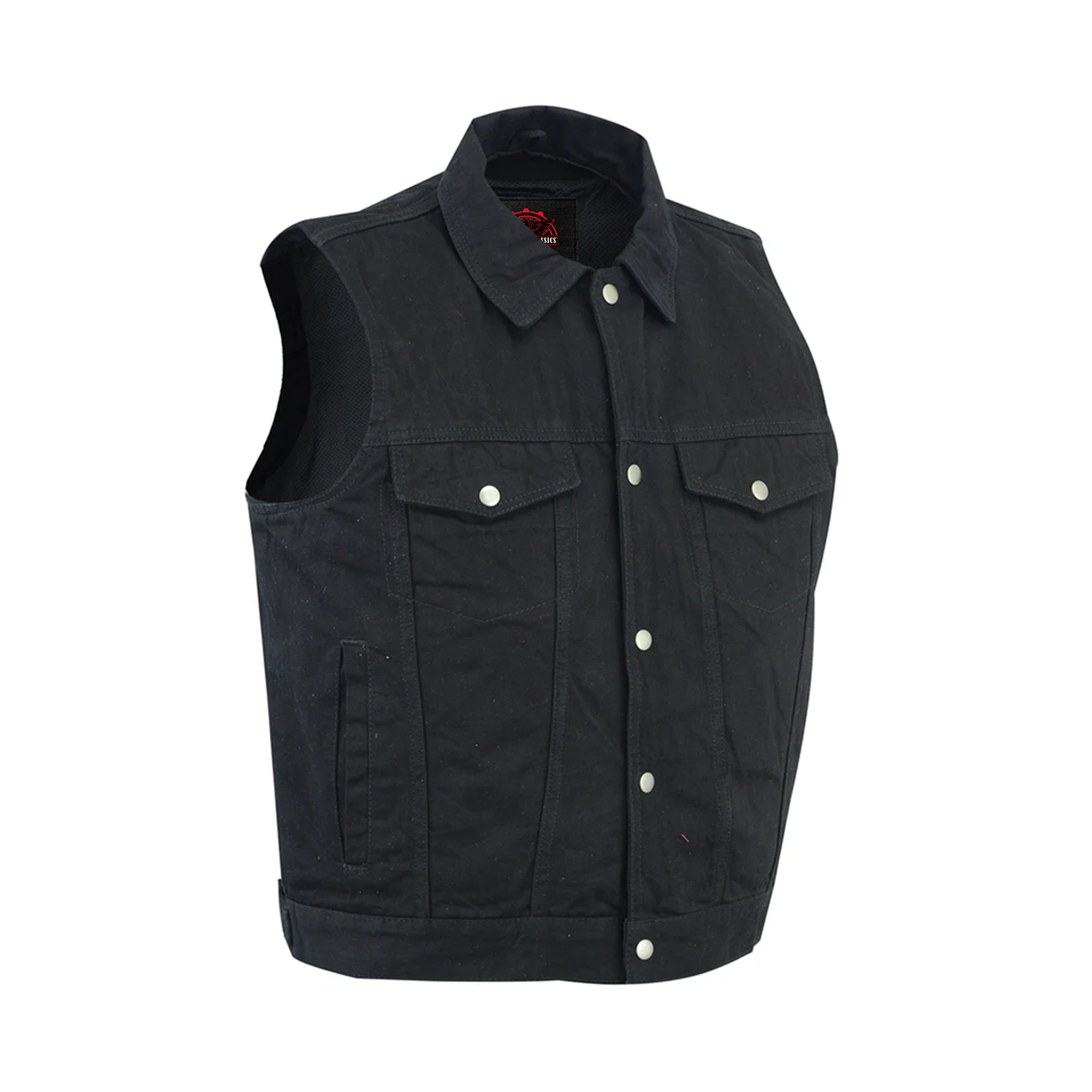 RM979BK Snap/Zipper Front Denim Vest- Black