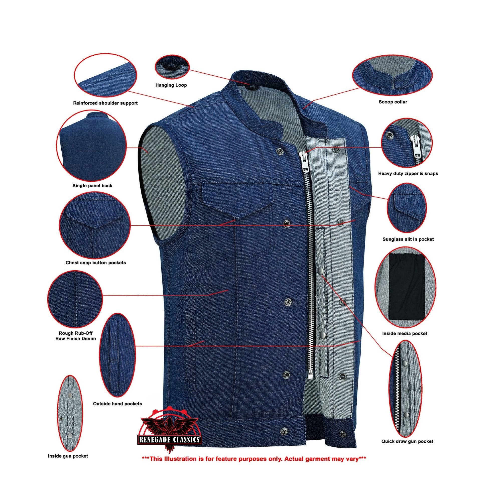 RM976 Men's Blue Rough Rub-Off Raw Finish Denim Vest