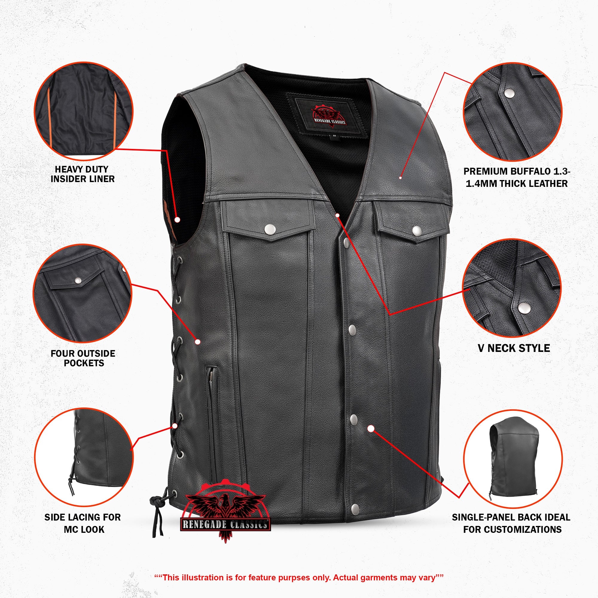 RC124 Men's Black Leather Vest with Side Laces and Gun Pockets