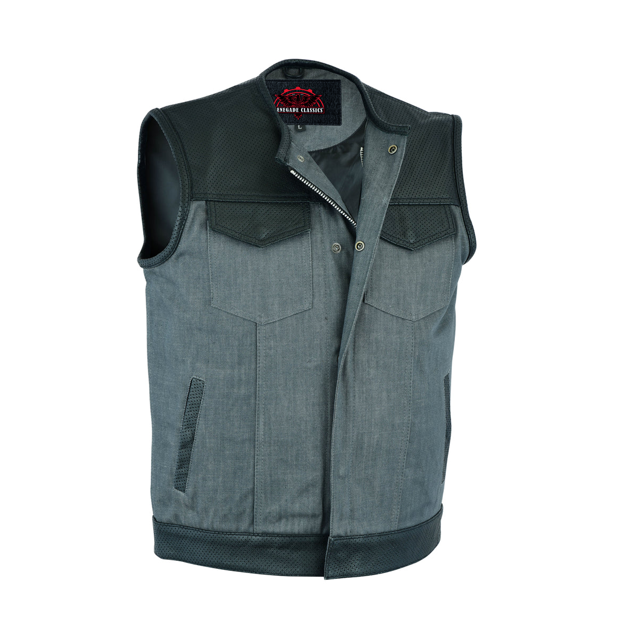 RM934 Men's Perforated Leather/Denim Combo Vest (Black/ Ash Gray)