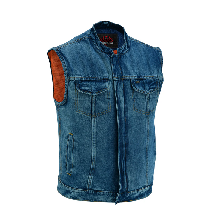 RM989BU Concealed Snap Closure, Denim Material, Scoop Collar & Hidden