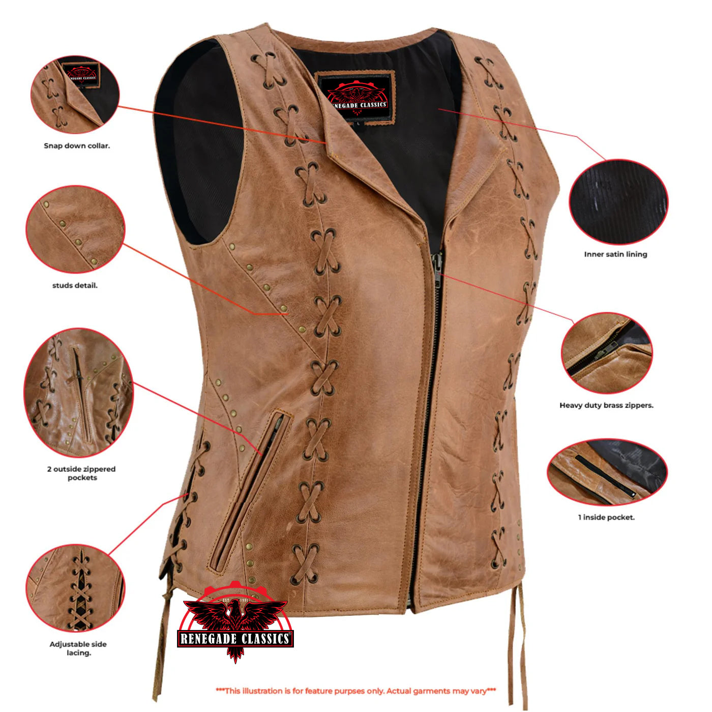 RC236 Women's Brown Zippered Vest with Lacing Details
