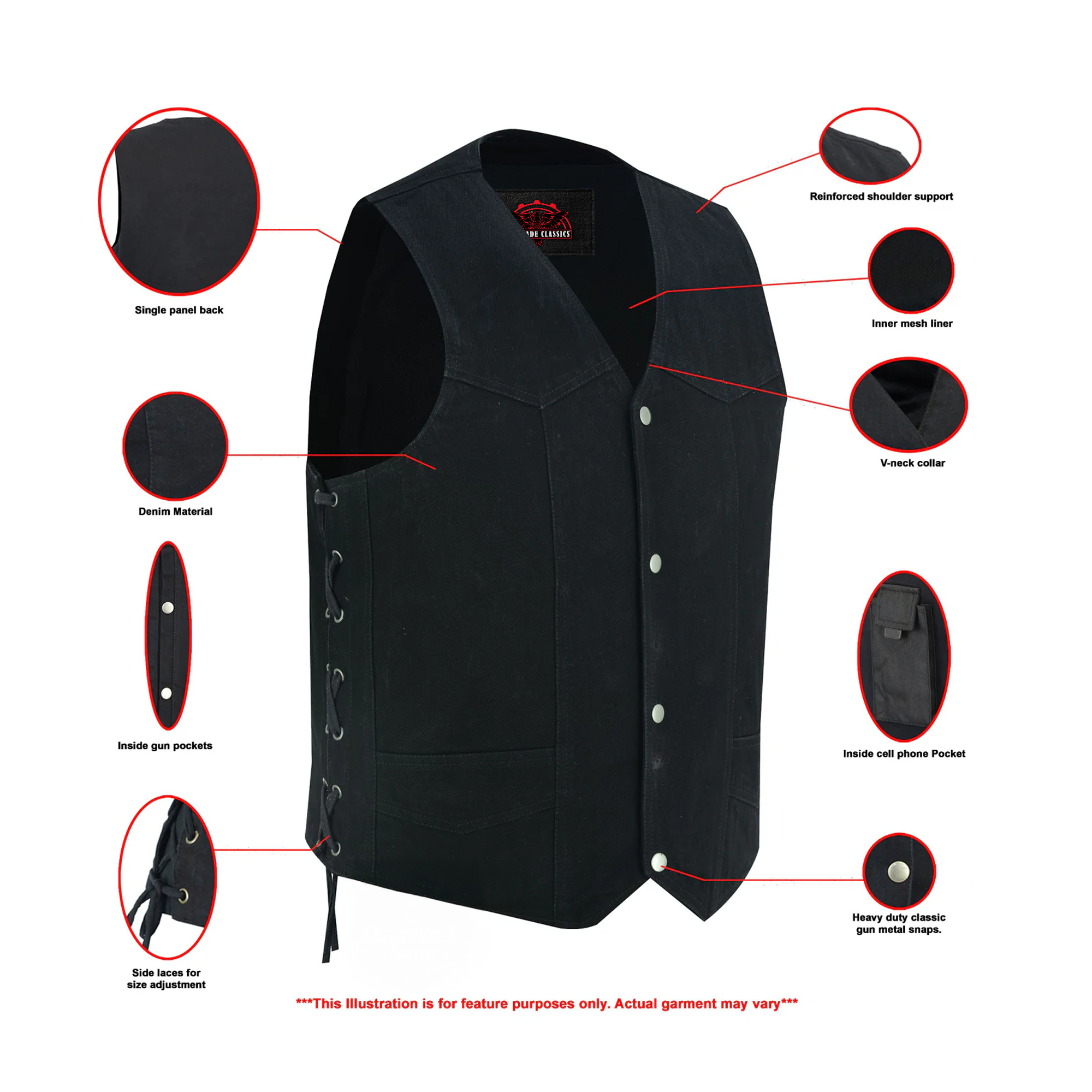 RM911 Men's Traditional Denim Vest with Side Laces