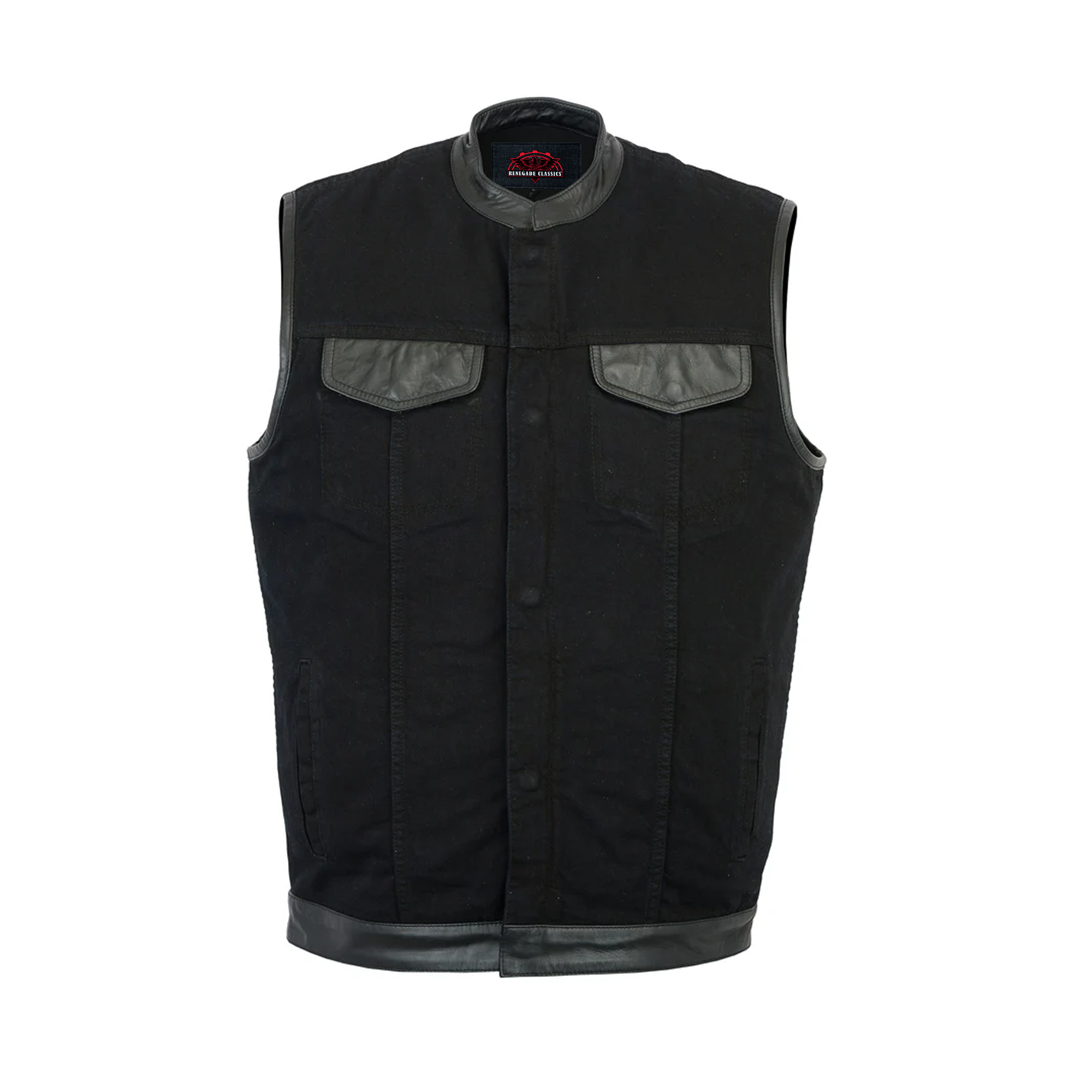 RM992 Men's Black Denim Single Panel Concealment Vest W/ Leather Trim