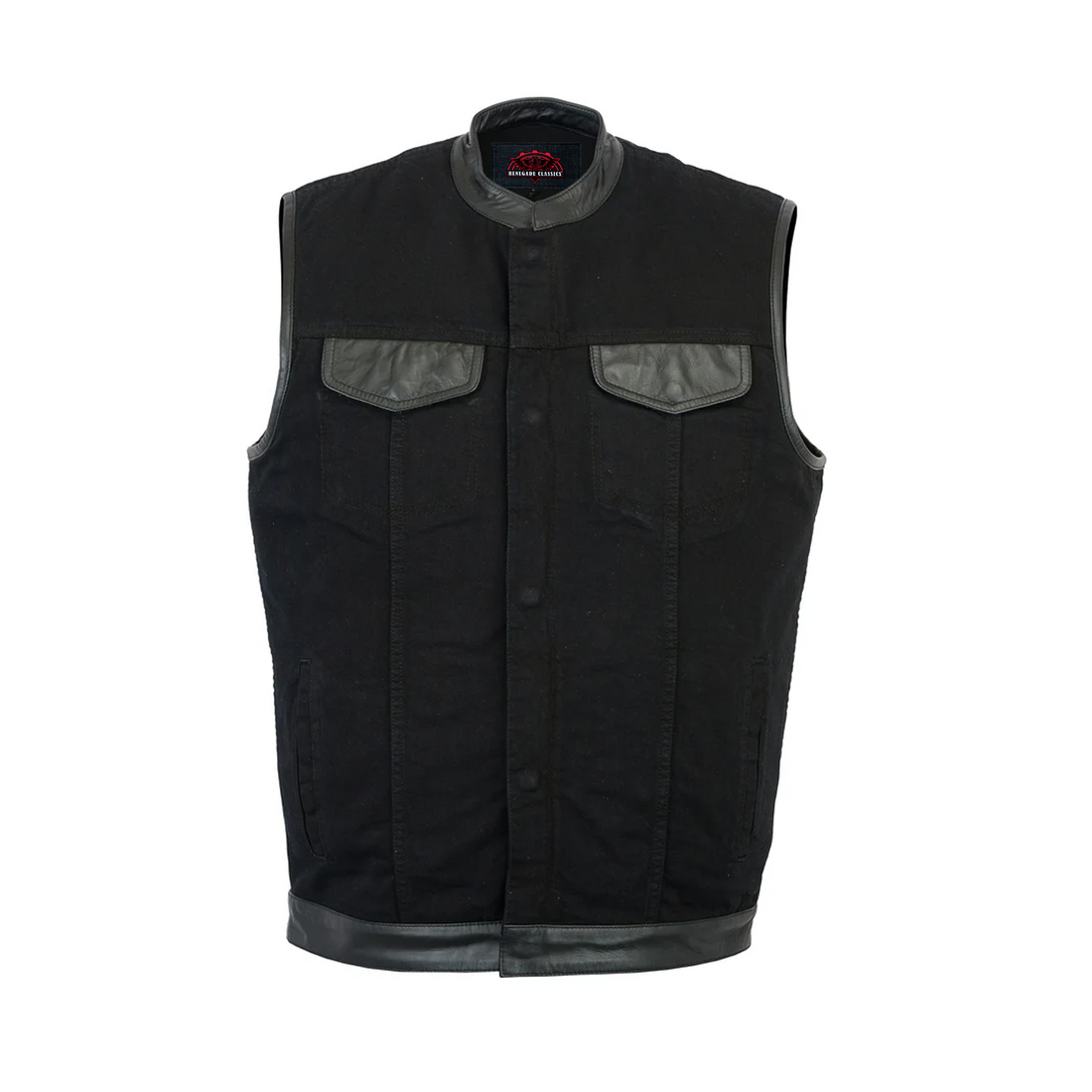 RM992 Men's Black Denim Single Panel Concealment Vest W/ Leather Trim