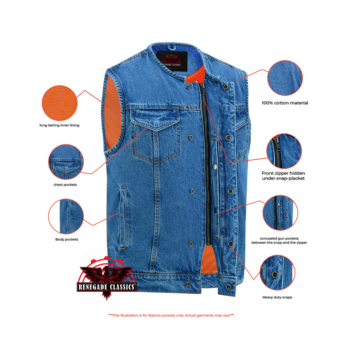RM981BU Concealed Snaps, Denim Material, Hidden Zipper, w/o Collar