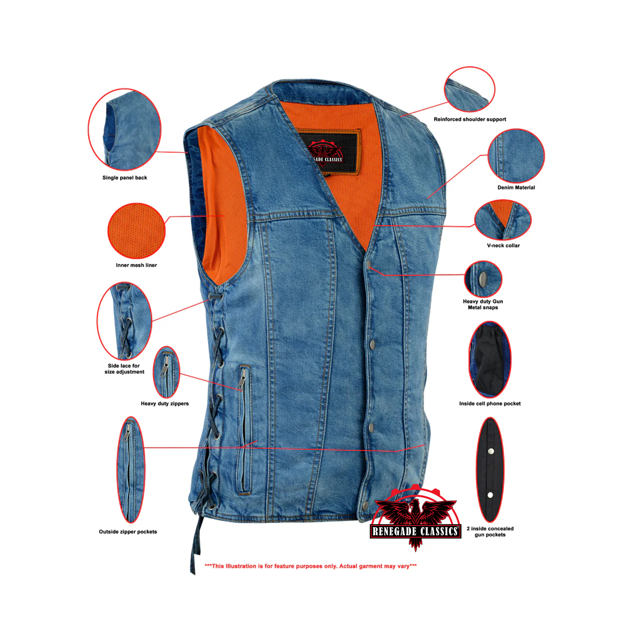 RM905BU    Men's Single Back Panel Concealed Carry Denim Vest
