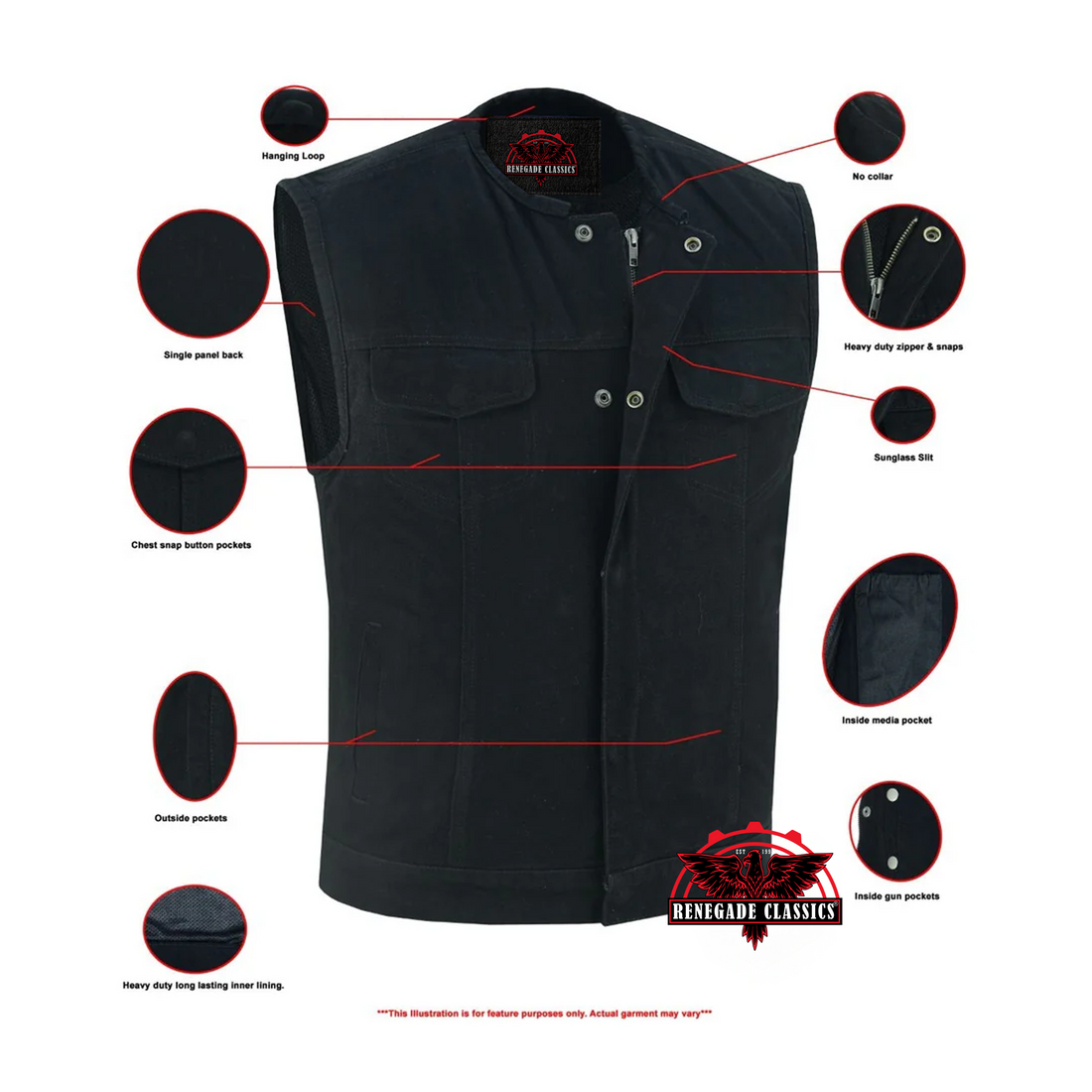 RM981BK Concealed Snaps, Denim Material, Hidden Zipper, w/o Collar