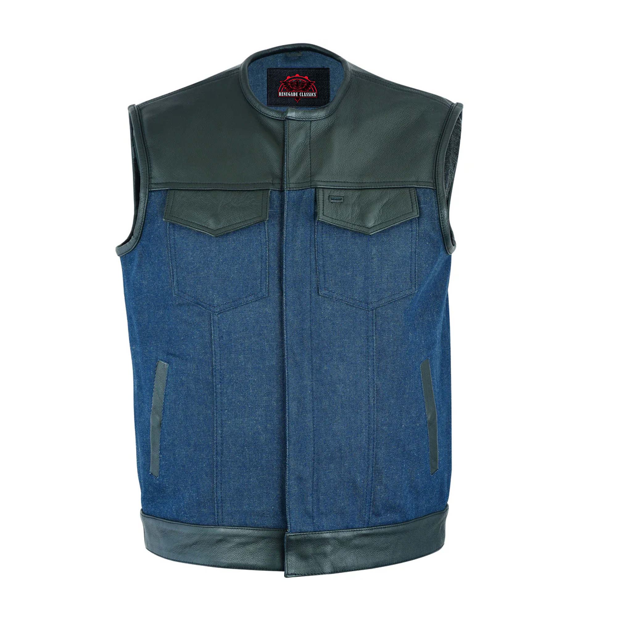 RM933 Men's Leather/Denim Combo Vest (Black/Broken Blue)