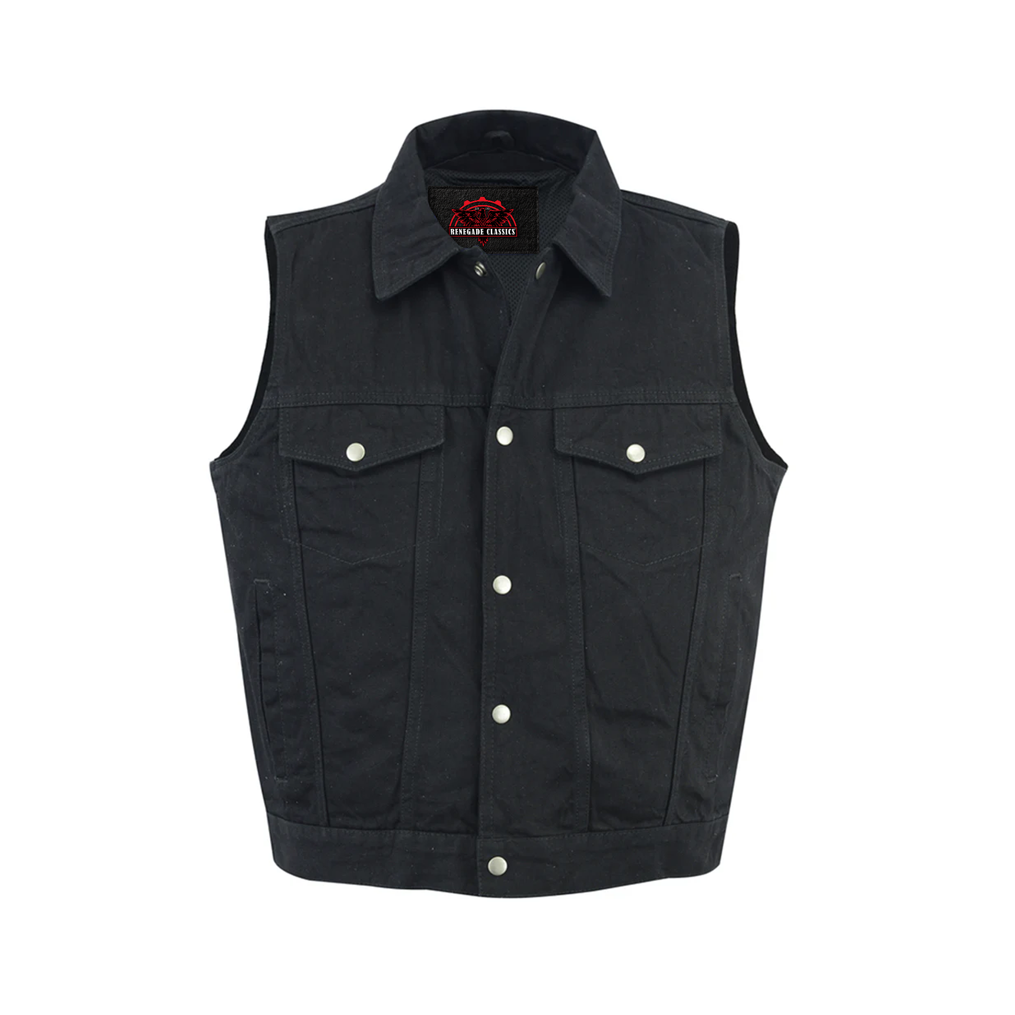RM979BK Snap/Zipper Front Denim Vest- Black