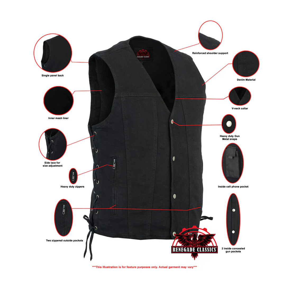 RM905BK Men's Single Back Panel Concealed Carry Denim Vest