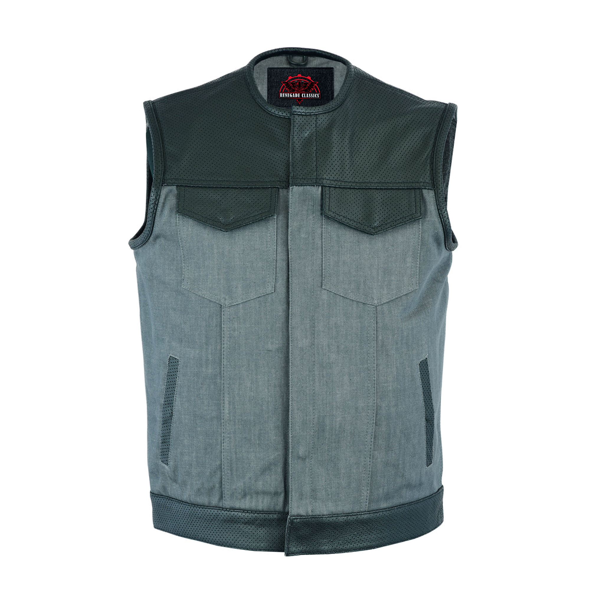 RM934 Men's Perforated Leather/Denim Combo Vest (Black/ Ash Gray)