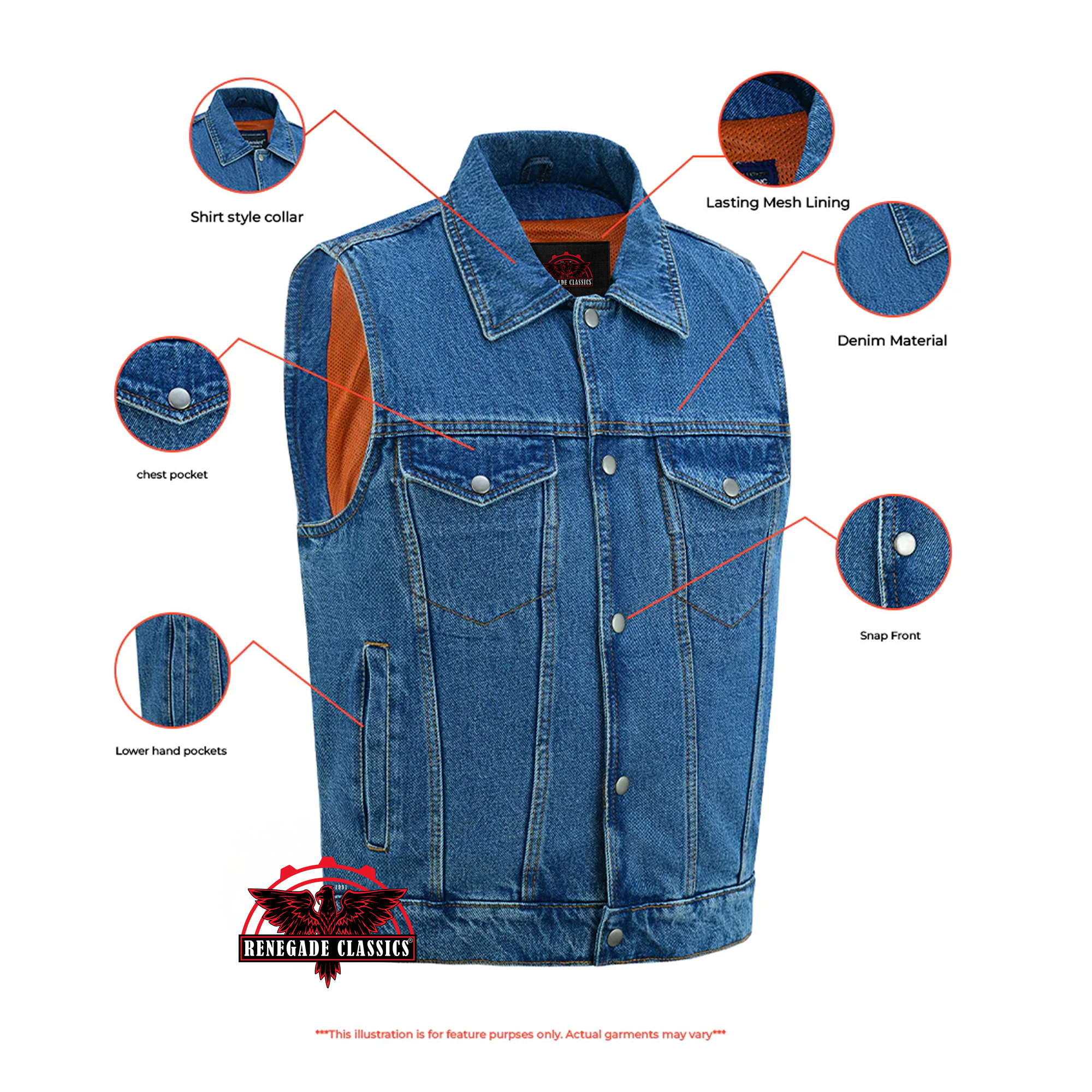 RM970BU Snap Front Denim Vest- Blue