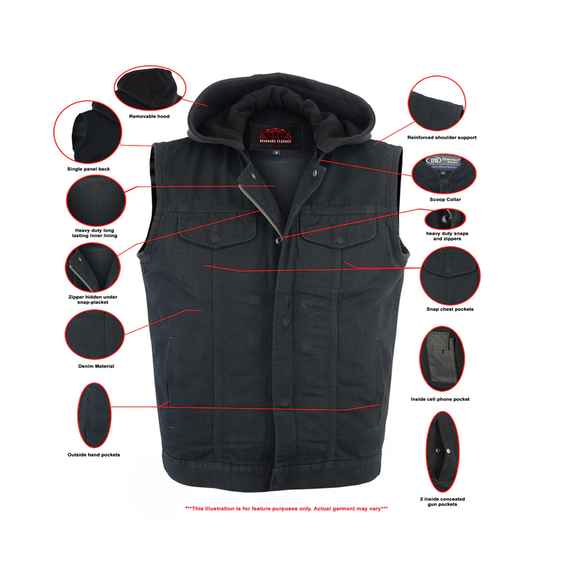 RM982 Men's Black Denim Single Back Panel Concealment Vest w/Rem