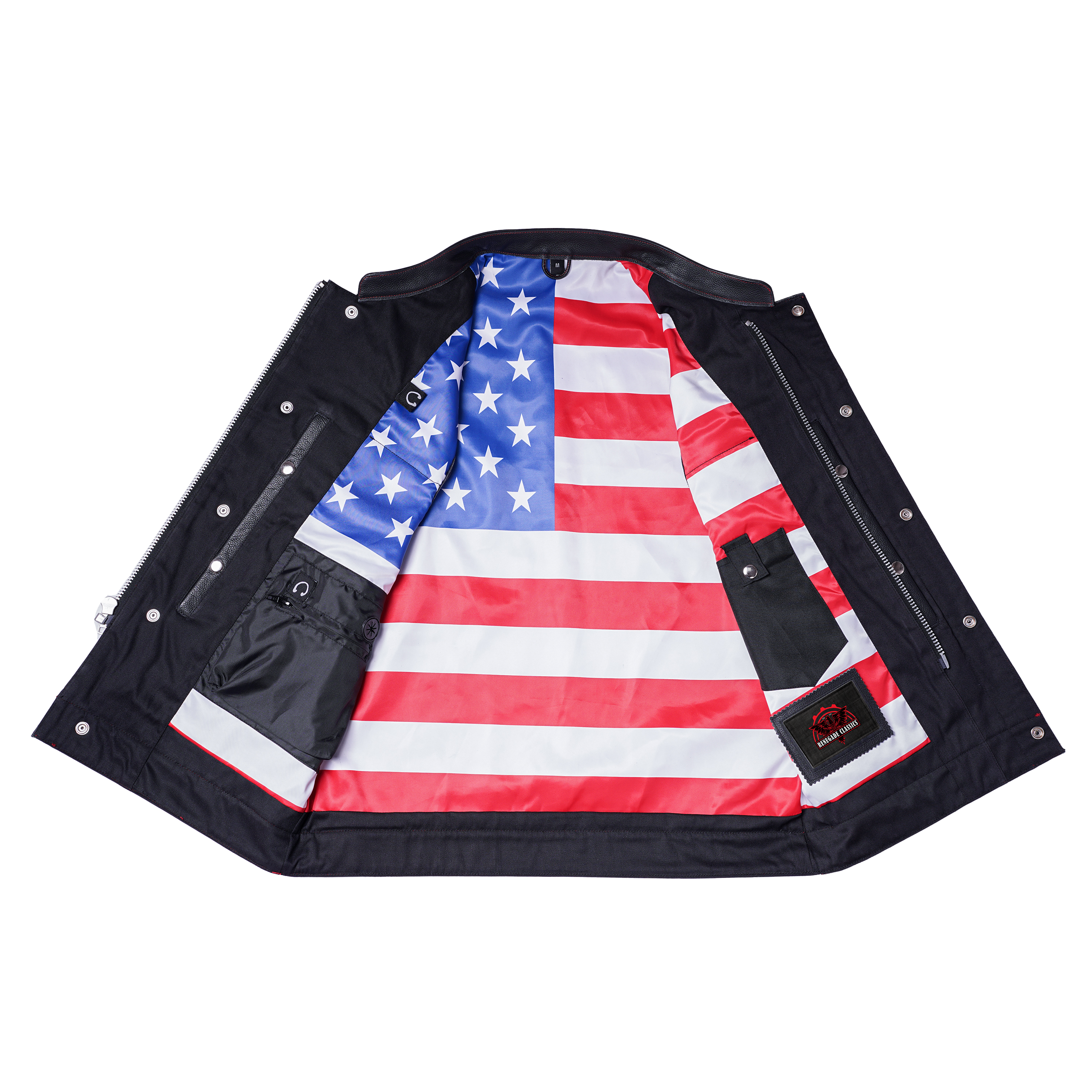 RC165 MEN'S LEATHER VEST WITH RED STITCHING AND USA INSIDE FLAG LININ