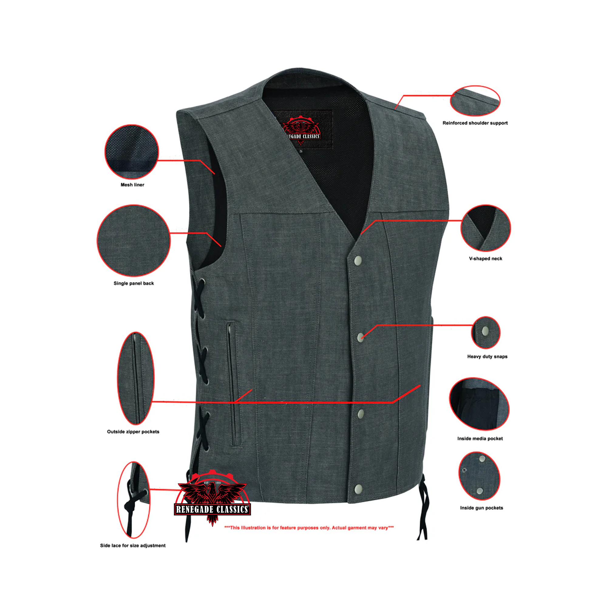 RM918 Men's Rough Rub-Off Raw Finish Broken Gray Denim Vest