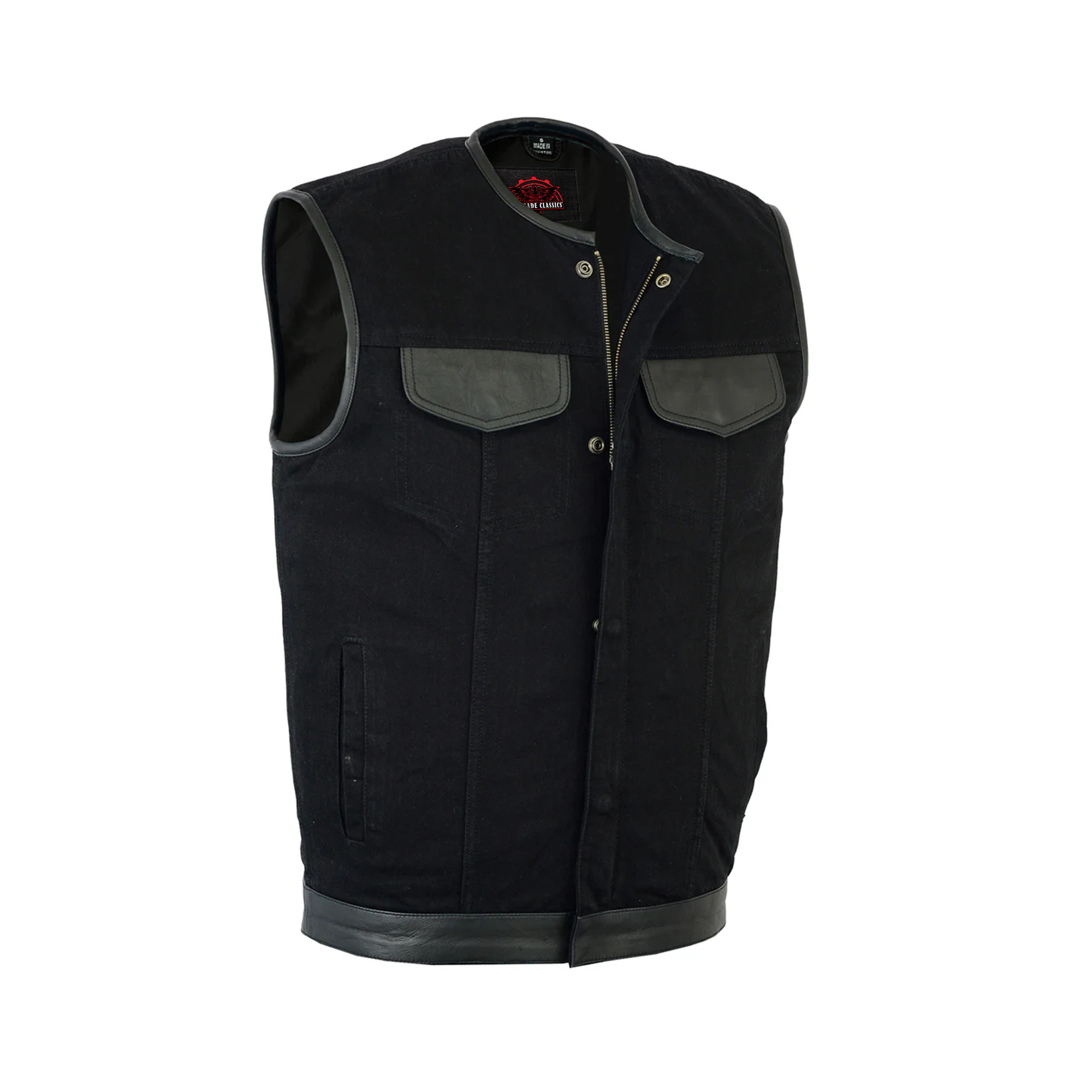 RM991 Men's Black Denim Single Panel Concealment Vest W/Leather Trim-