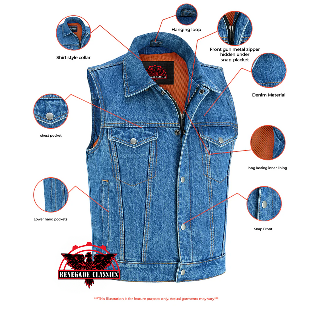 RM979BU Snap/Zipper Front Denim Vest- Blue