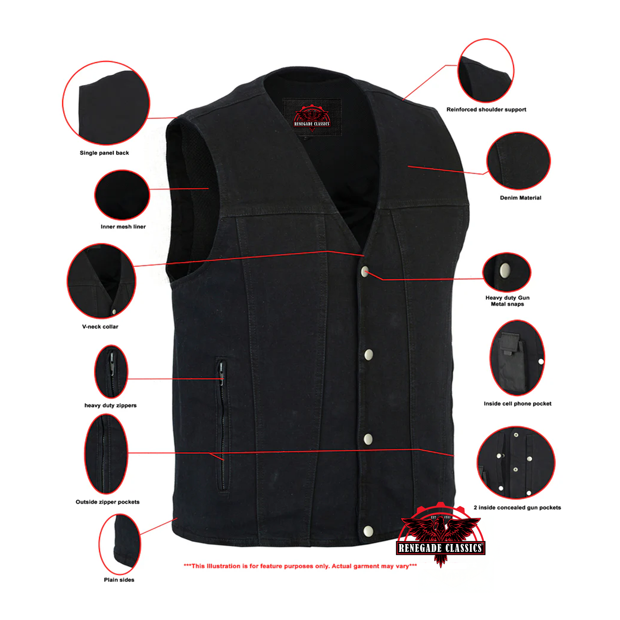 RM925BK Men's Single Back Panel Concealed Carry Denim Vest