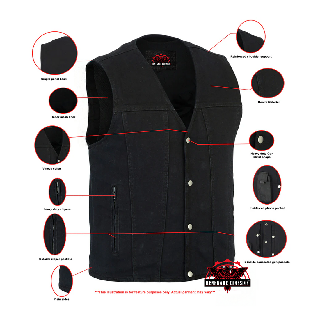 RM925BK Men's Single Back Panel Concealed Carry Denim Vest