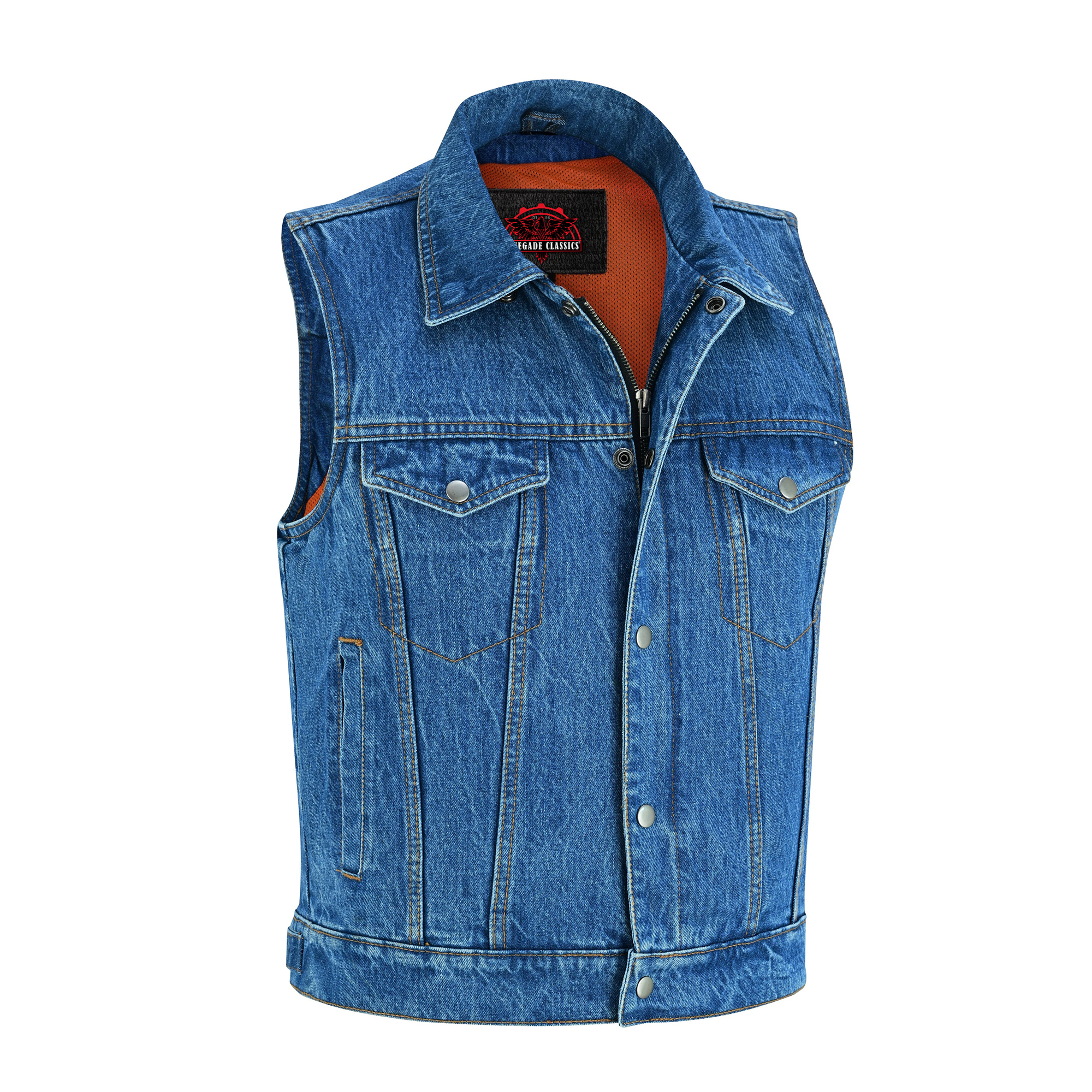 RM979BU Snap/Zipper Front Denim Vest- Blue