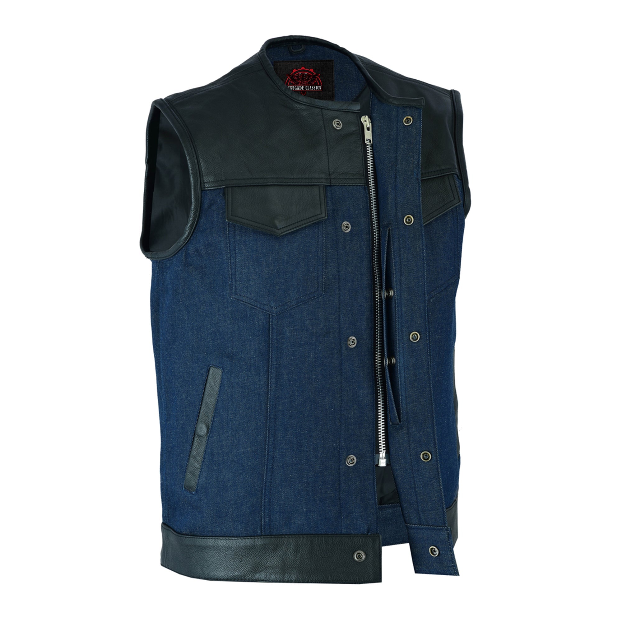 RM933 Men's Leather/Denim Combo Vest (Black/Broken Blue)