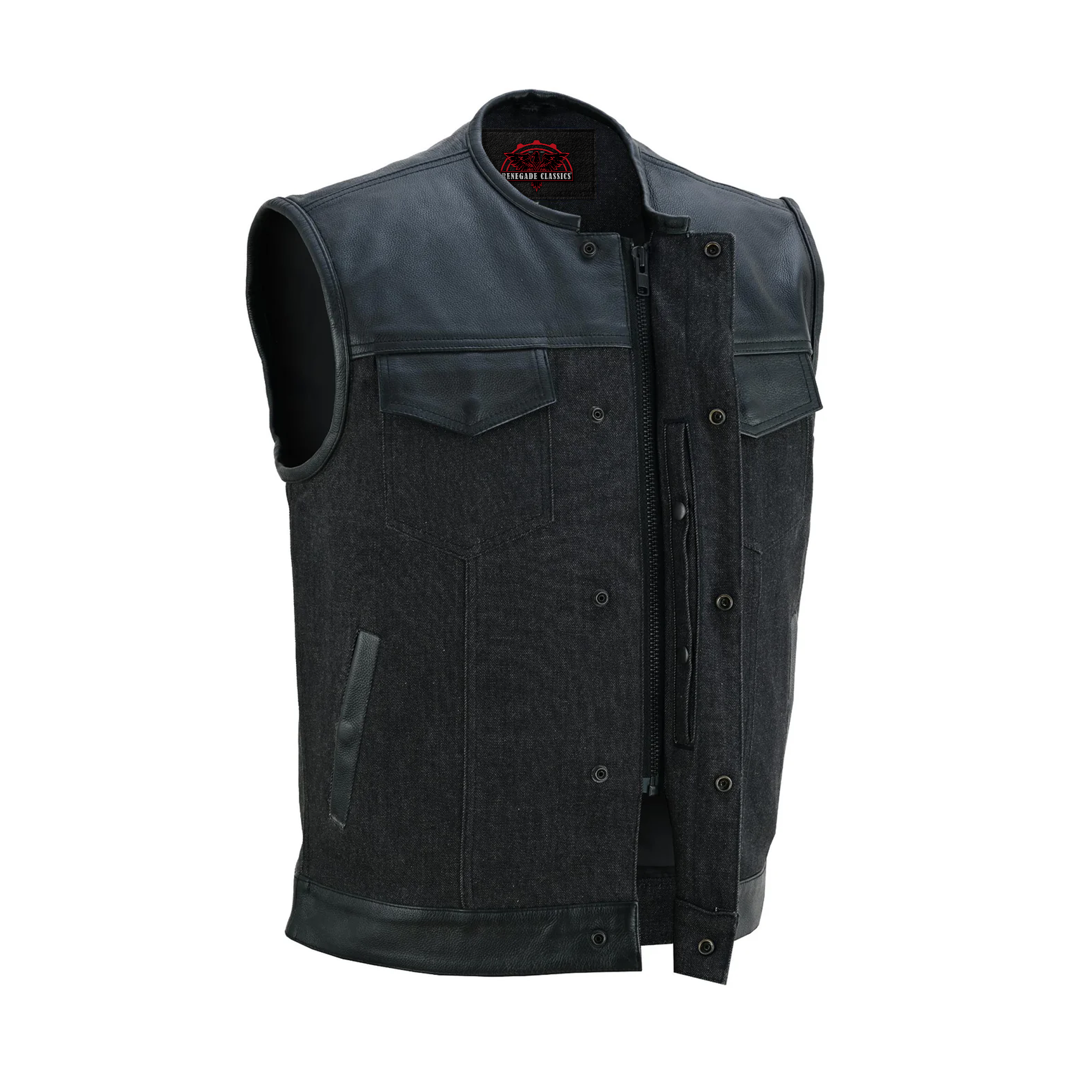 RM901   Men's Leather/Denim Combo Vest Without Collar