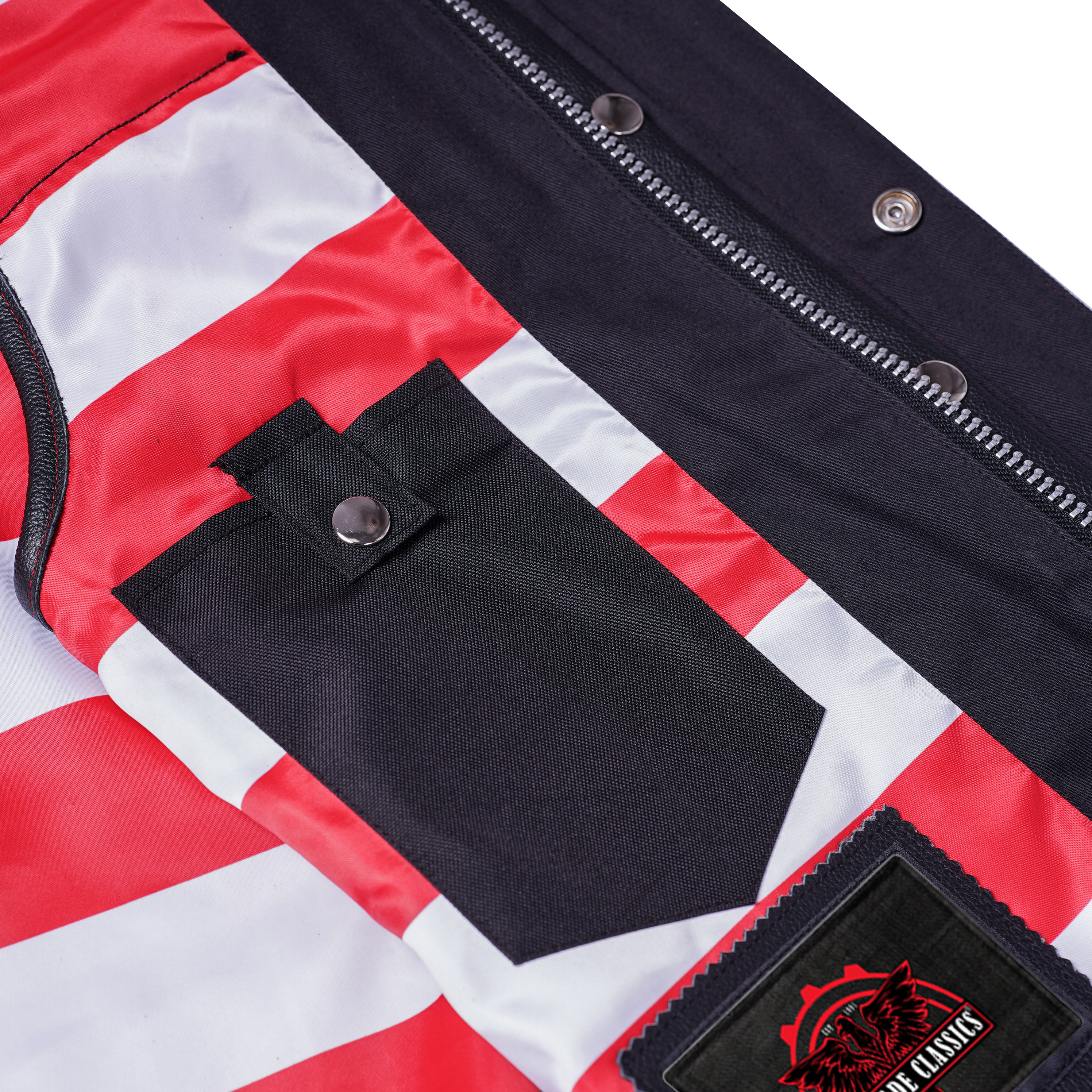 RC165 MEN'S LEATHER VEST WITH RED STITCHING AND USA INSIDE FLAG LININ