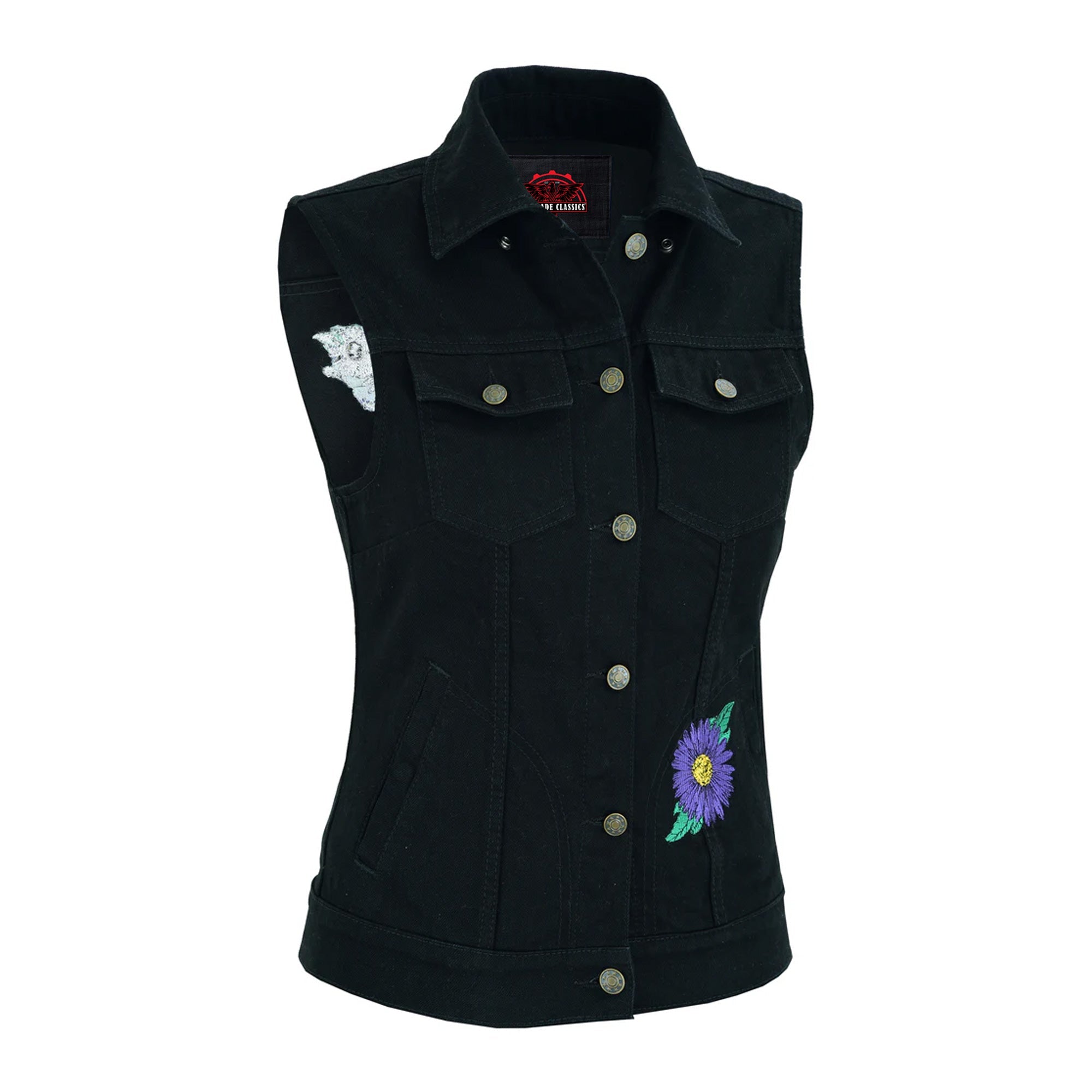 RM945 Women's Black Denim Snap Front Vest with Purple Daisy