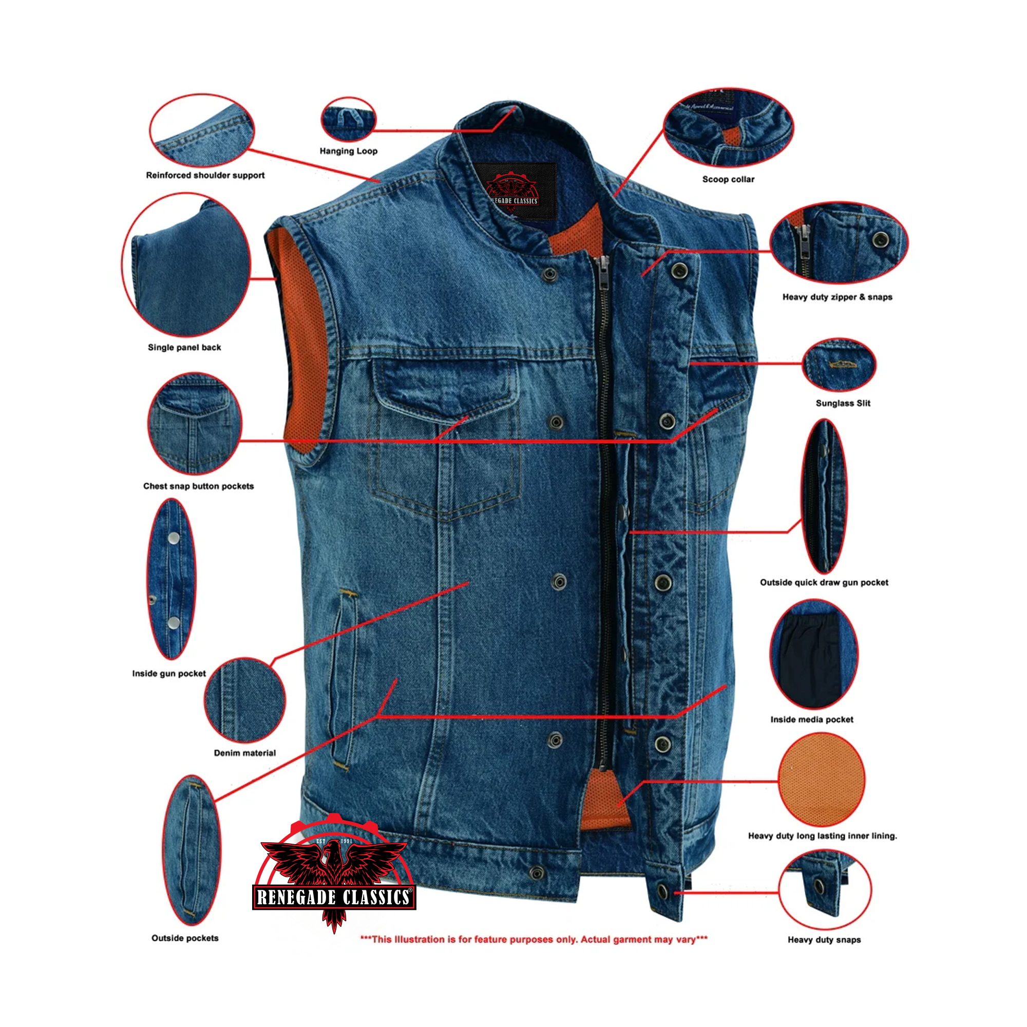 RM989BU Concealed Snap Closure, Denim Material, Scoop Collar & Hidden