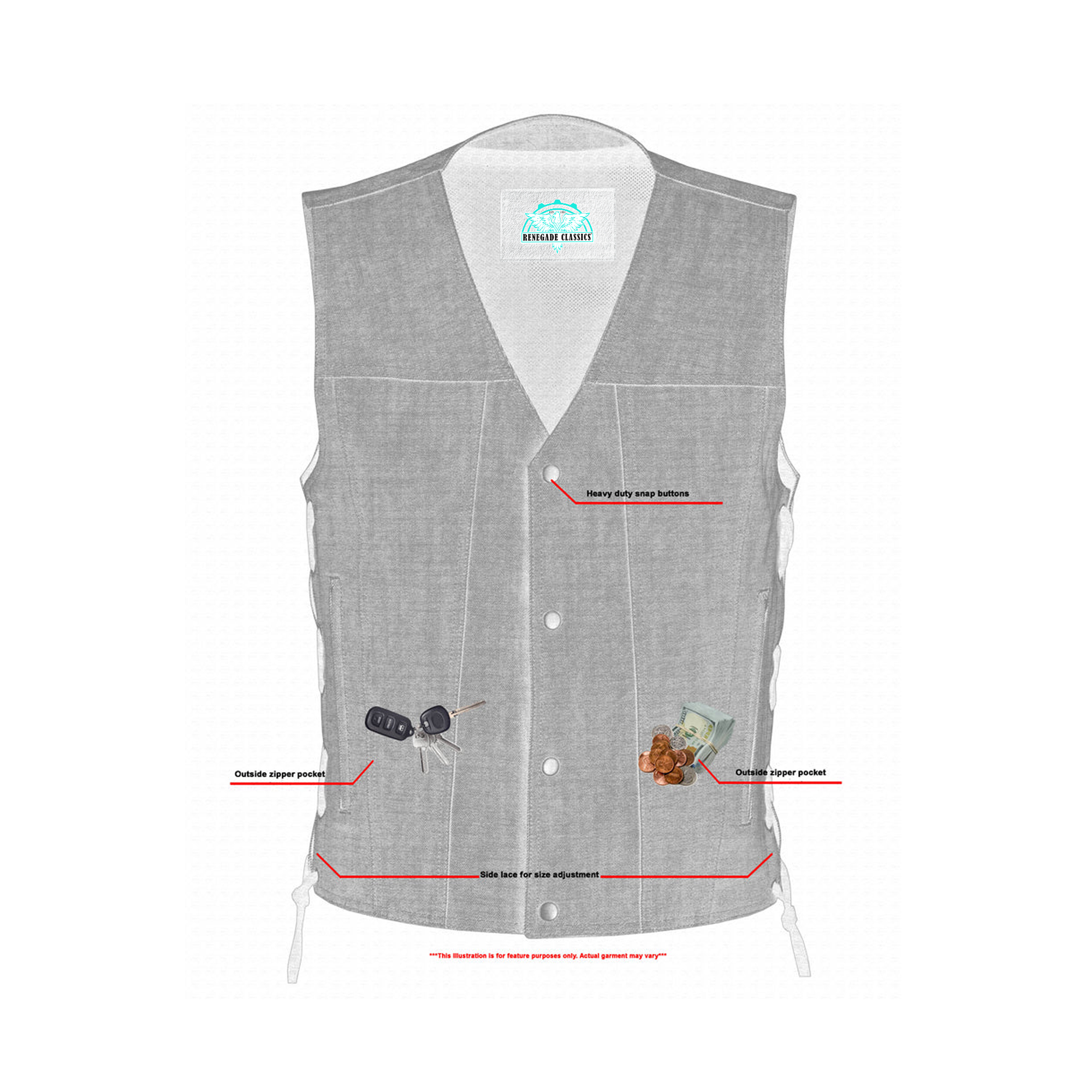 RM918 Men's Rough Rub-Off Raw Finish Broken Gray Denim Vest