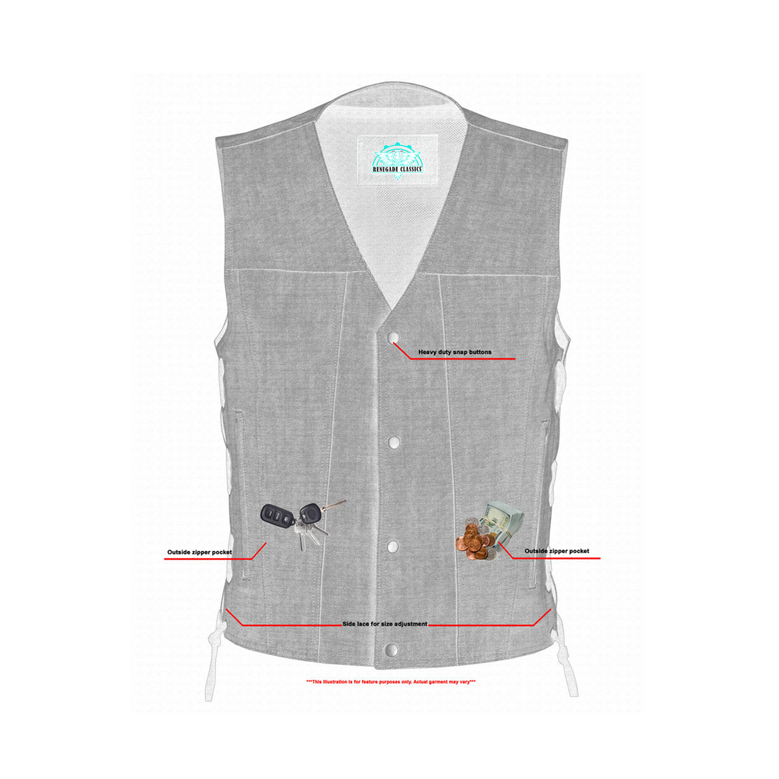 RM918 Men's Rough Rub-Off Raw Finish Broken Gray Denim Vest