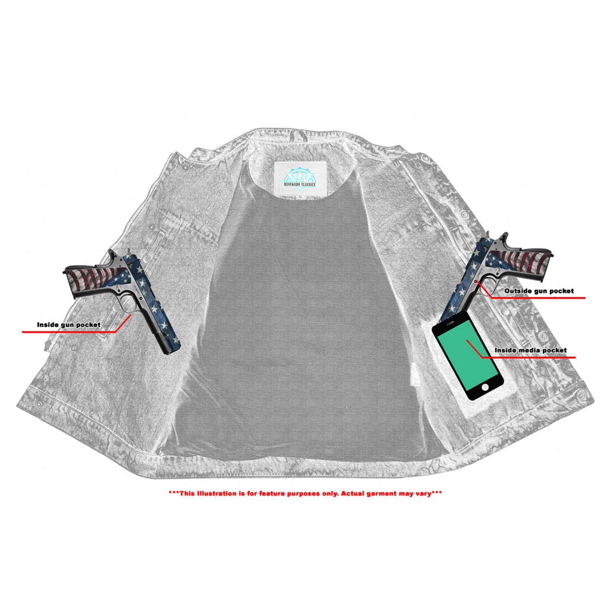 RM989BU Concealed Snap Closure, Denim Material, Scoop Collar & Hidden