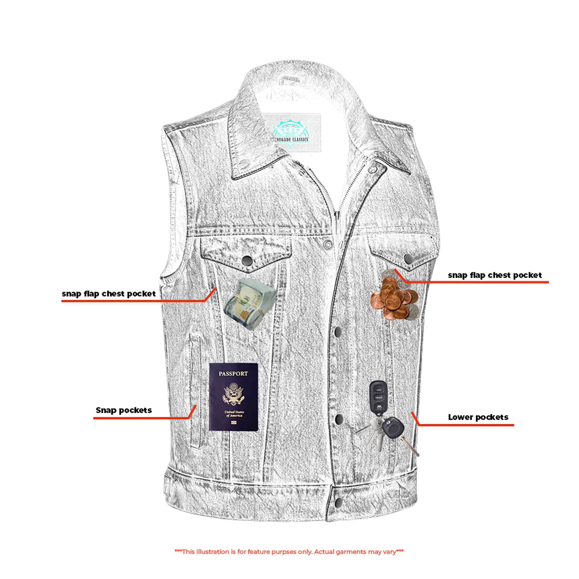 RM979BU Snap/Zipper Front Denim Vest- Blue