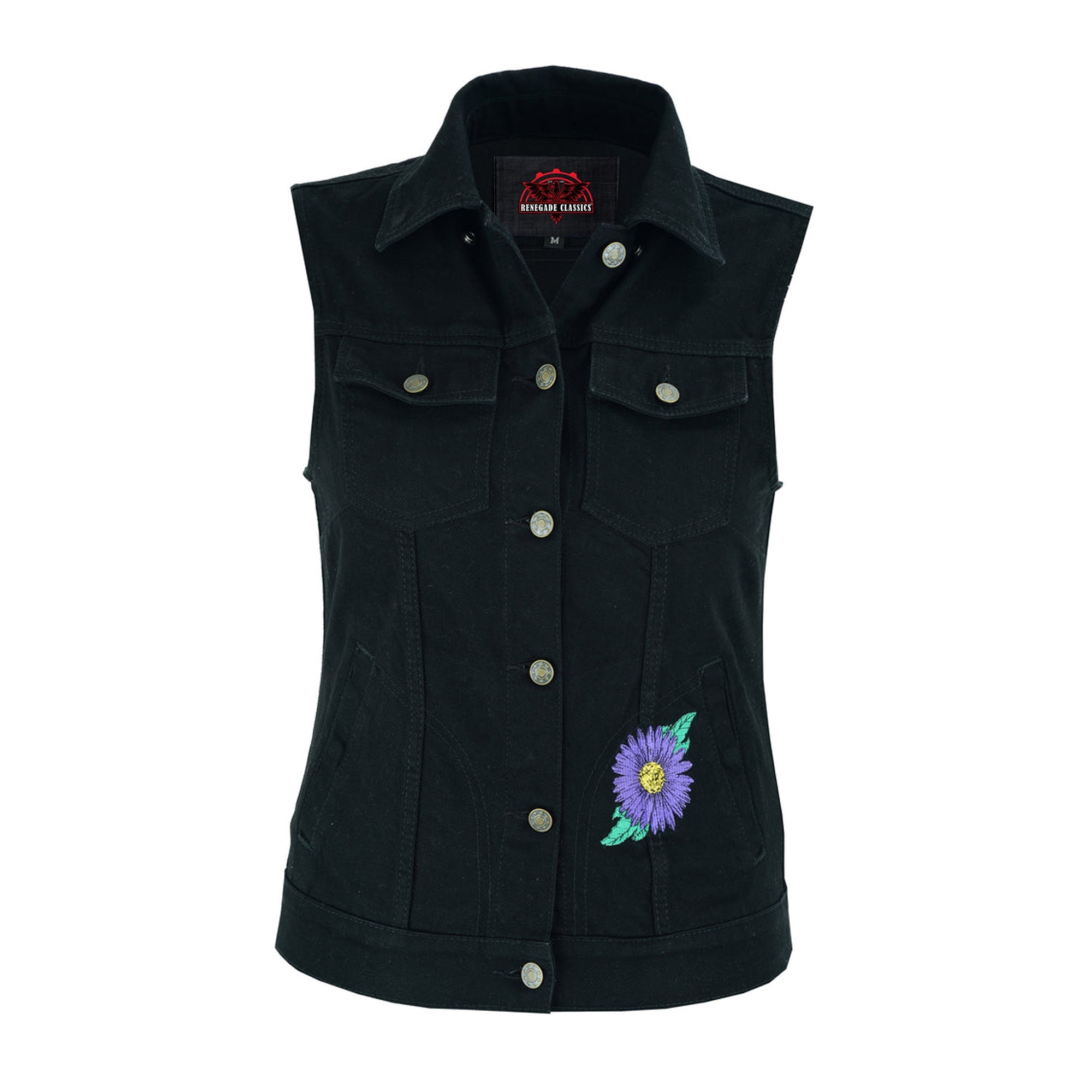 RM945 Women's Black Denim Snap Front Vest with Purple Daisy