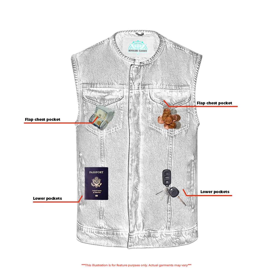 RM981BU Concealed Snaps, Denim Material, Hidden Zipper, w/o Collar