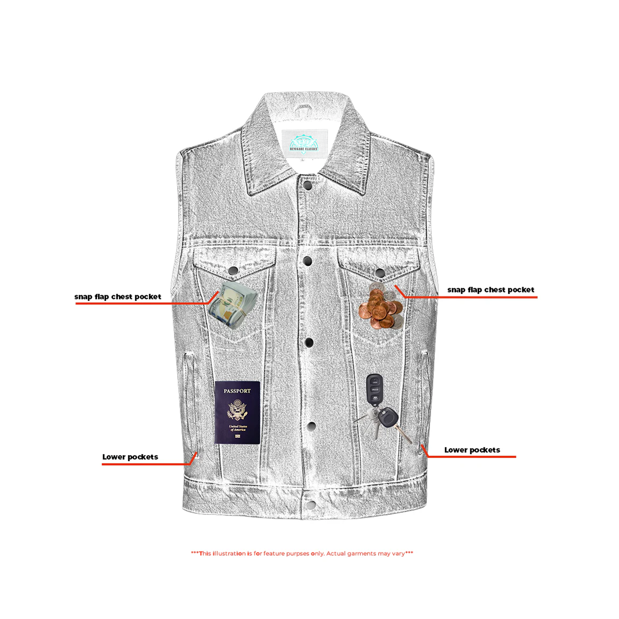 RM970BU Snap Front Denim Vest- Blue