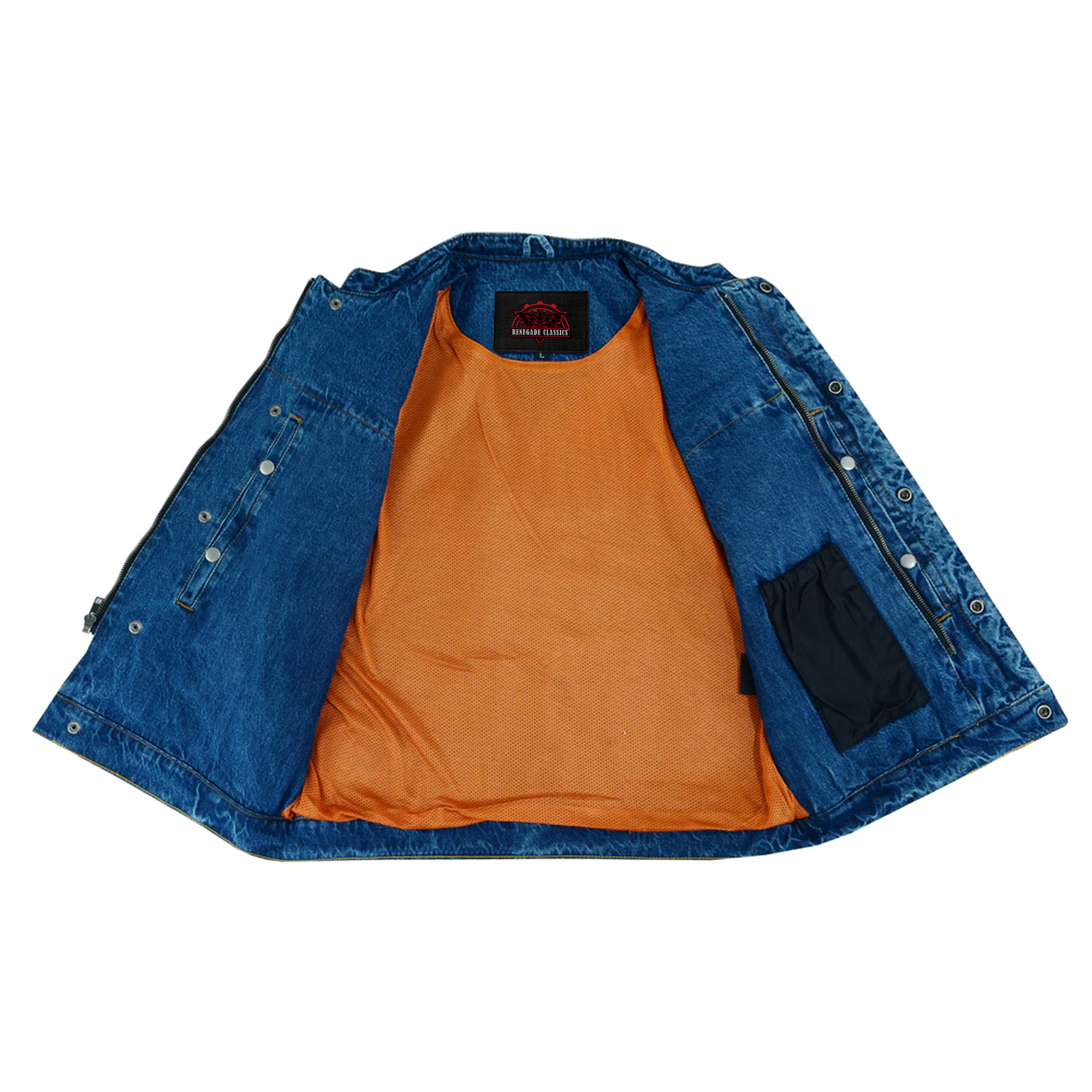 RM989BU Concealed Snap Closure, Denim Material, Scoop Collar & Hidden