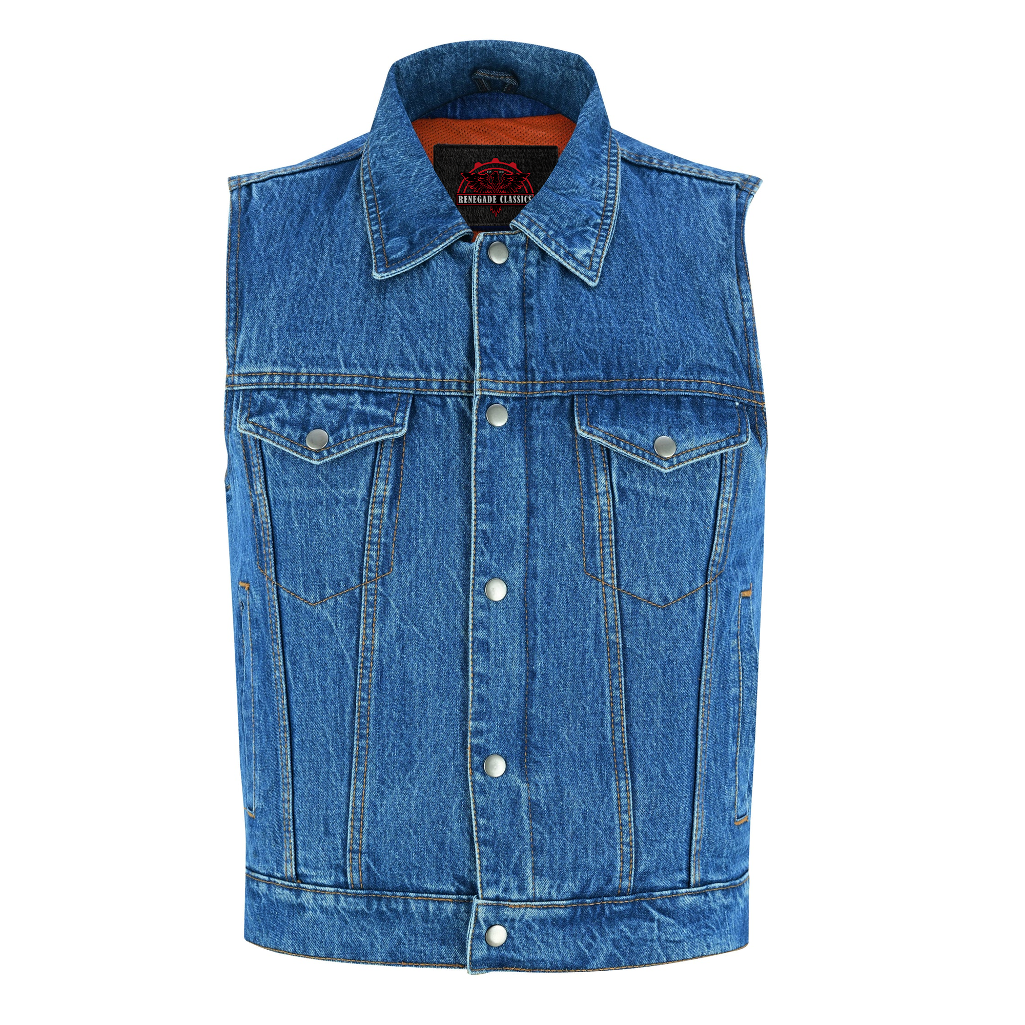 RM979BU Snap/Zipper Front Denim Vest- Blue