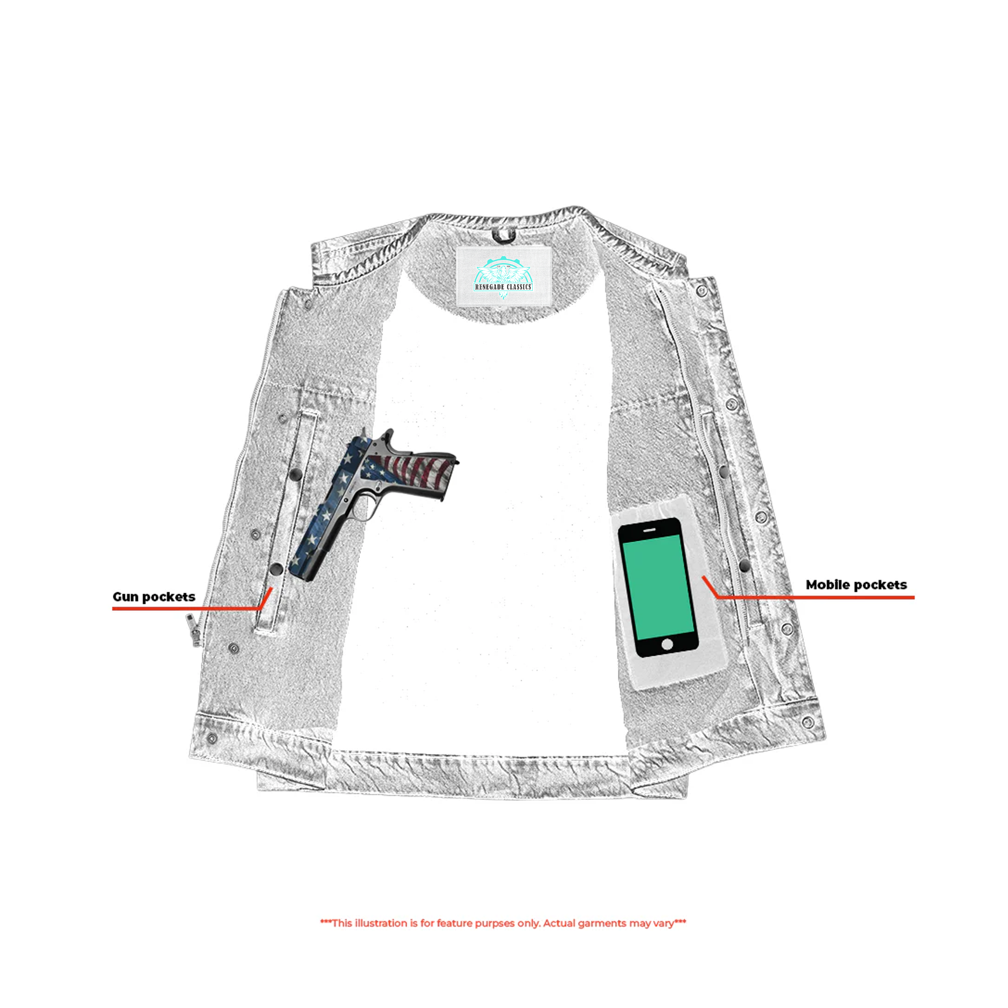 RM981BU Concealed Snaps, Denim Material, Hidden Zipper, w/o Collar