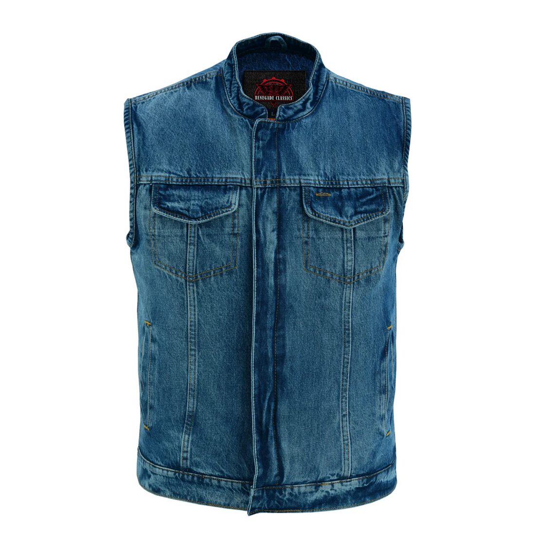 RM989BU Concealed Snap Closure, Denim Material, Scoop Collar & Hidden