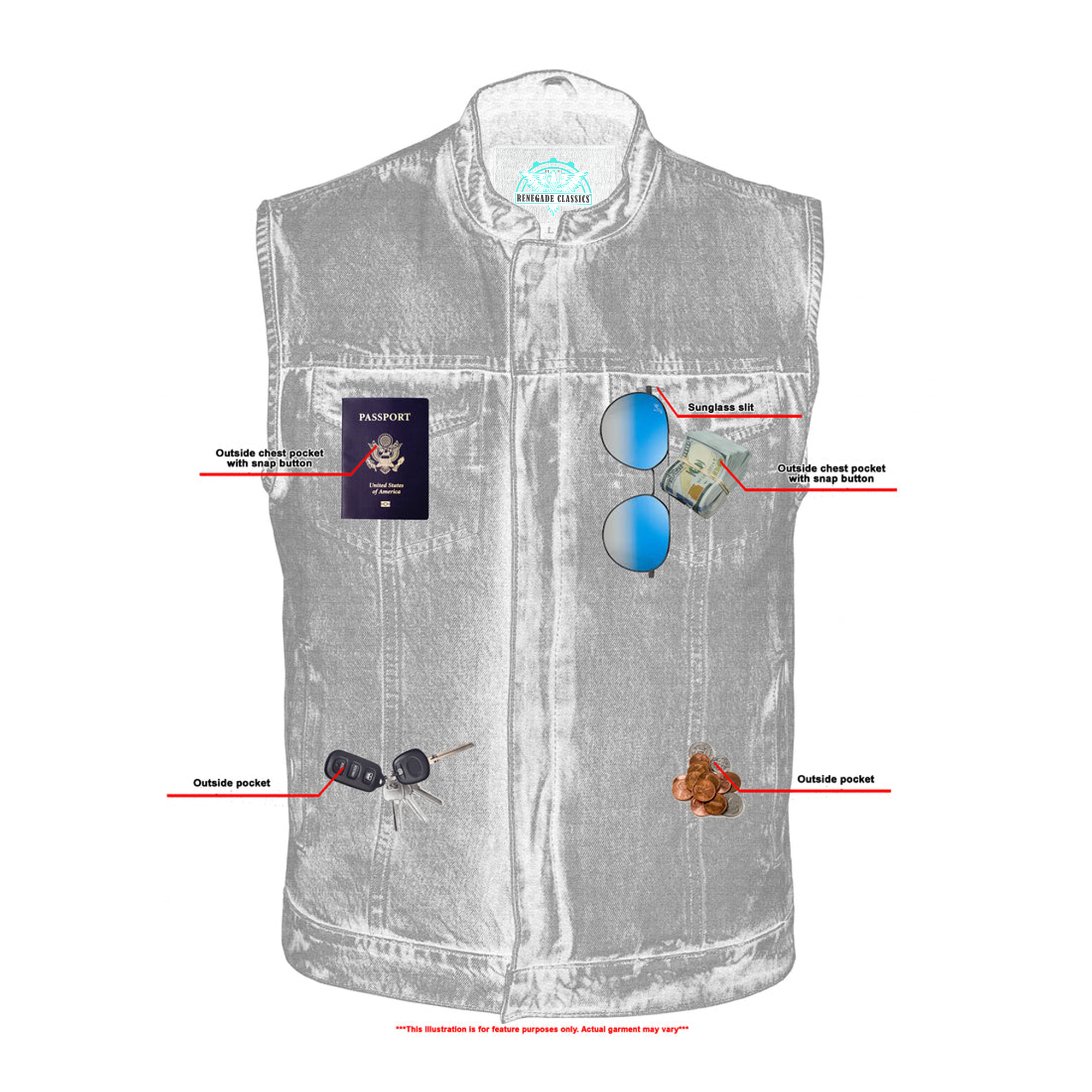 RM989BU Concealed Snap Closure, Denim Material, Scoop Collar & Hidden